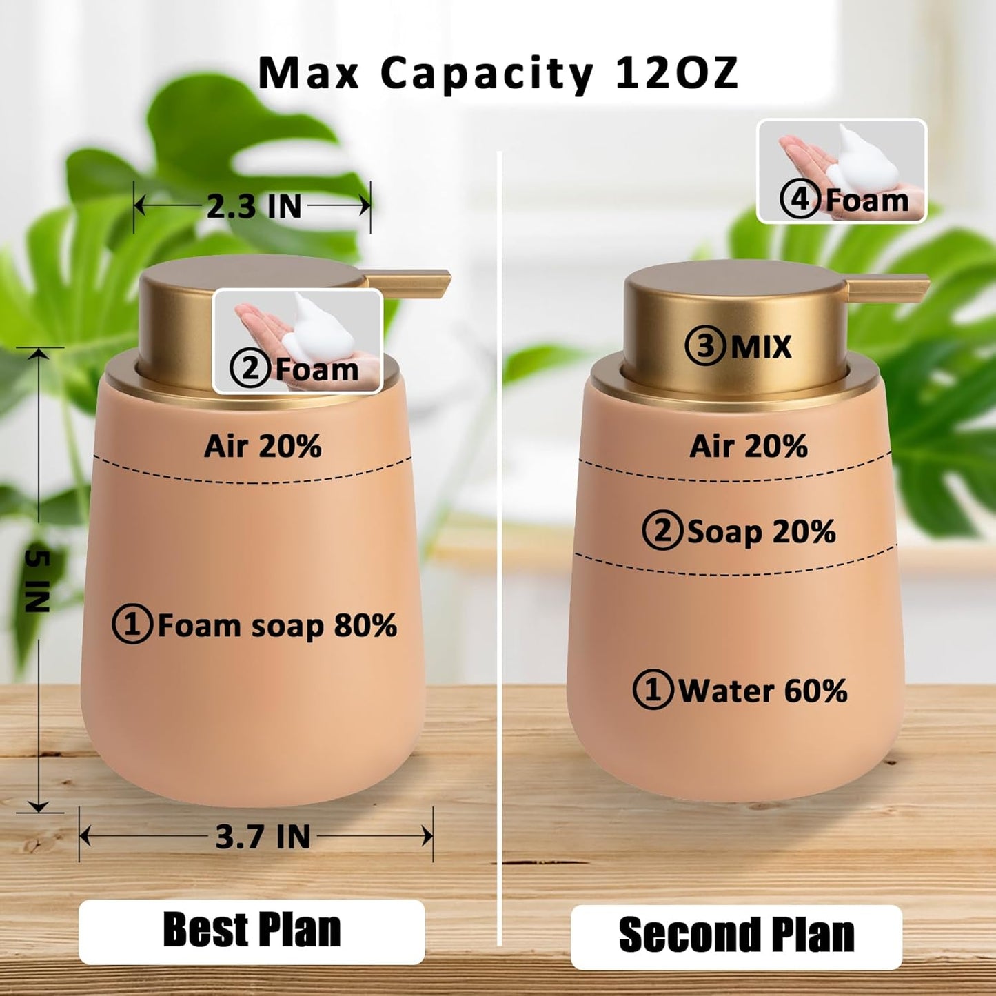 Soap Foaming Dispenser Ceramic with Easy-to-Press Pump Hand Foam Dispenser for Shampoo Bathroom Kitchen 12 oz