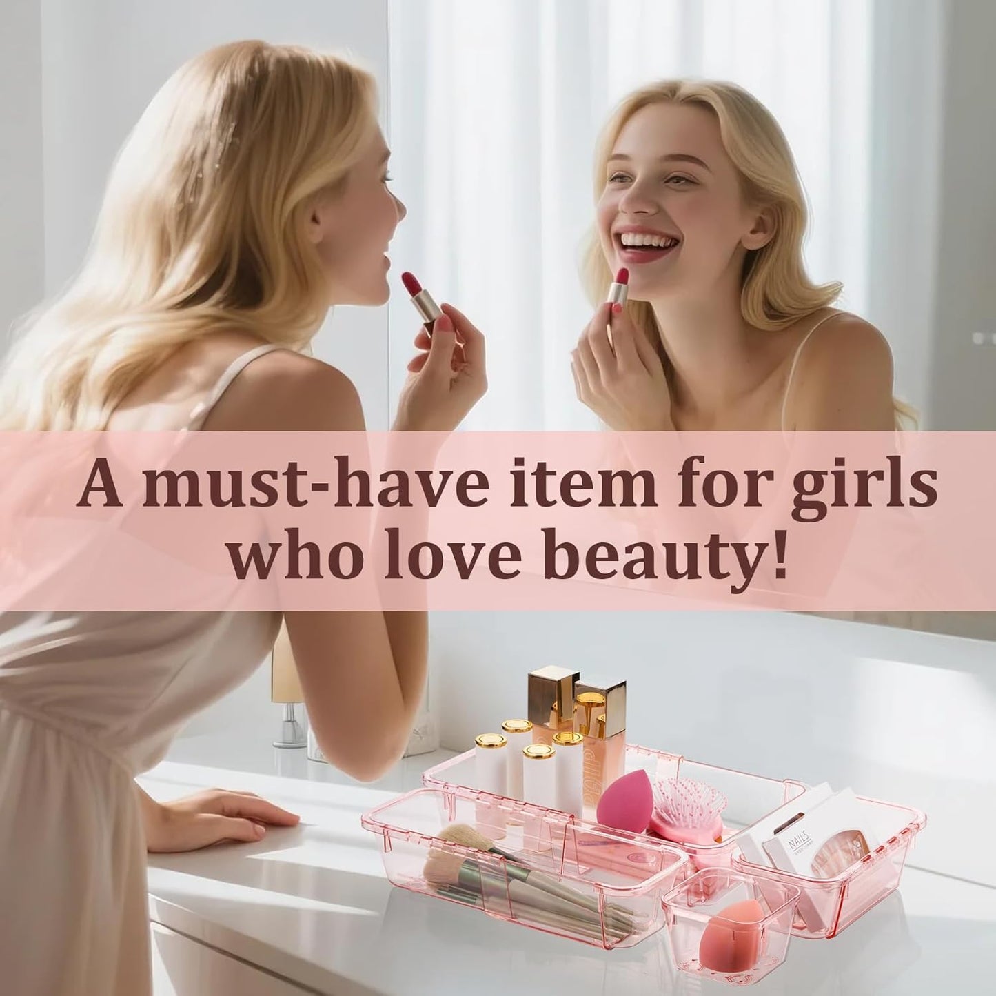 20 Pcs Adjustable Clear Drawer Organizer, Extendable Vanity Storage Bins, Desk Drawer Organizer Set for Makeup, Cosmetics, Bedroom, and Gadgets, Pink