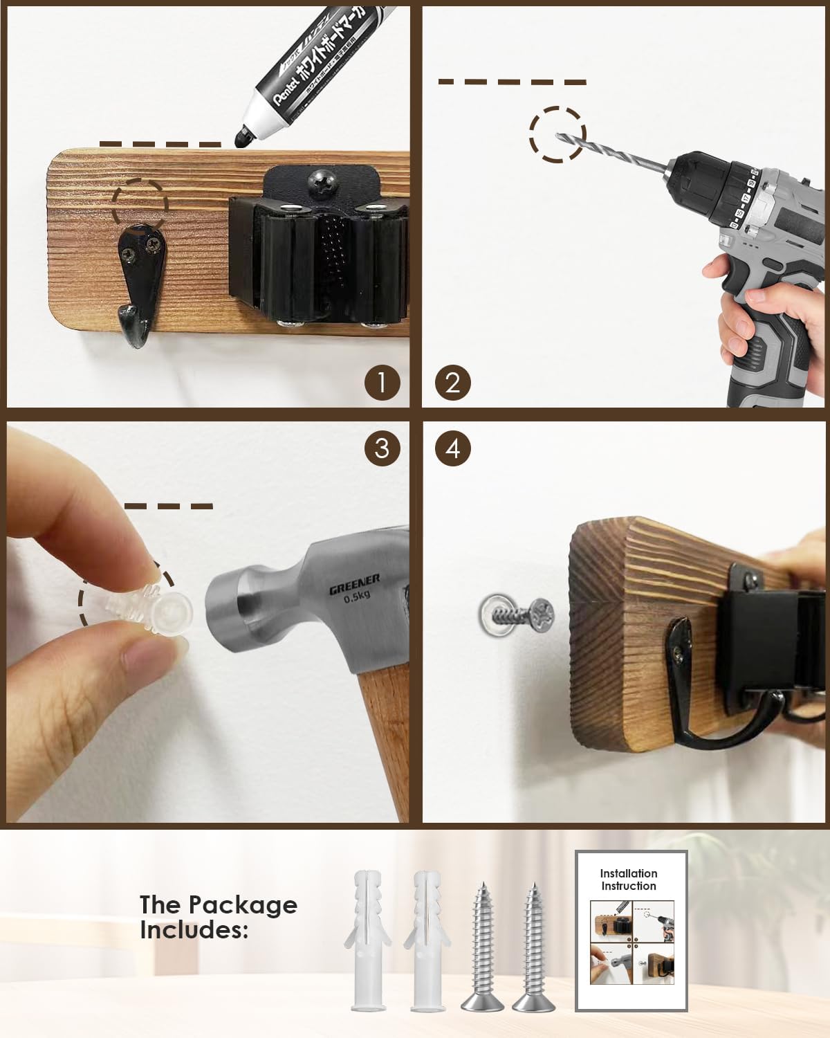 AceMining Broom Holder Wall Mounted, 2 Pack 4 Holders and 4 Hooks Mop Holder, Wooden Mop and Broom Holder with Anti slip rubber, Natural pine wood Brush Holder, Mop Wall Holde with Nail installation