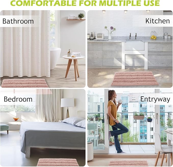 KGORGE Bath Mat for Bathroom - Soft Shower Rug Farmhouse Quick Drying Washable Absorbent Non-Slip Super Soft Chenile Bathtub Carpet Decorations for Family, Pink, 60 x 24, 1 Piece