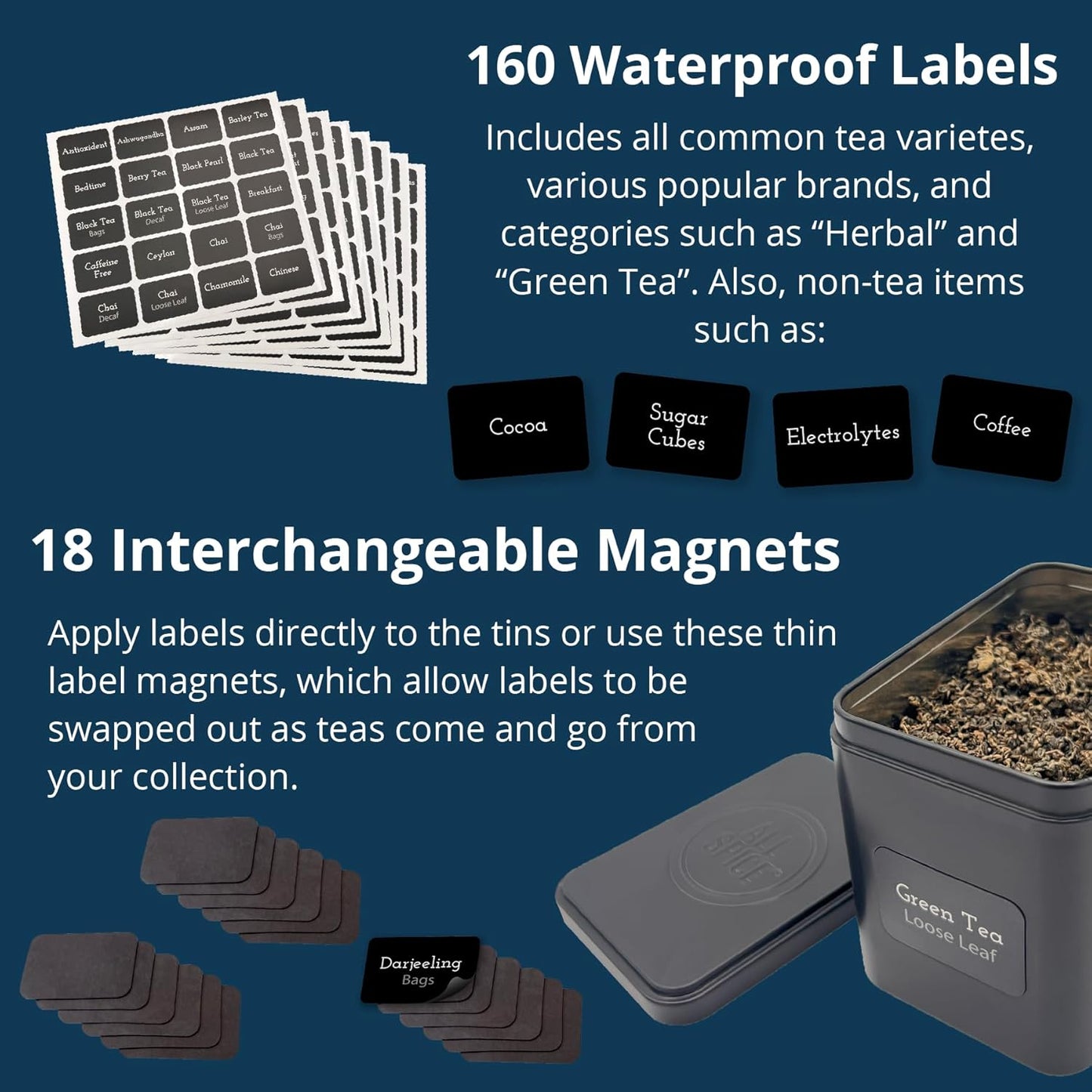 AllSpice Tea Organizer Rack with 9 Tins & 160 Magnetic Labels – Perfect for Bagged & Loose Leaf Tea Organization - Walnut