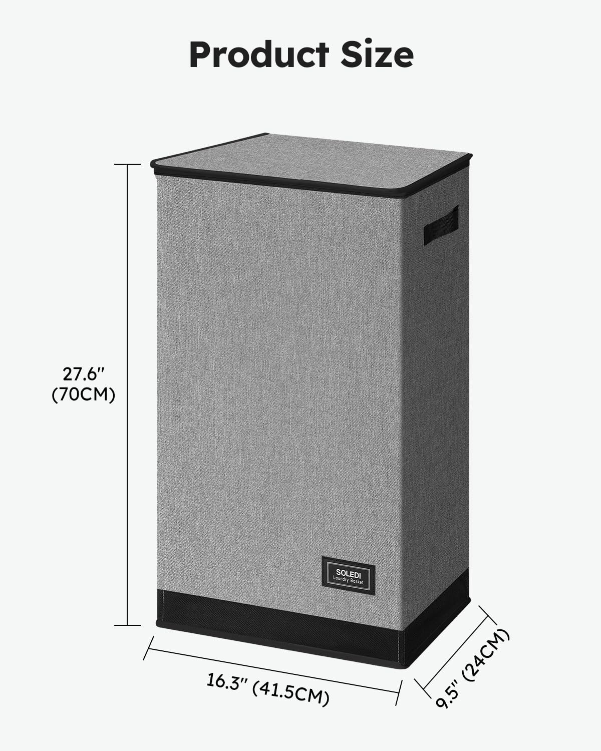 SOLEDI Slim Laundry Hamper with Lid, Narrow Laundry Basket with Removable Bags, Dirty Clothes Hamper with handle, Small Hamper perfect for Laundry room, Bathroom, Bedroom, Small spaces. 70L Grey