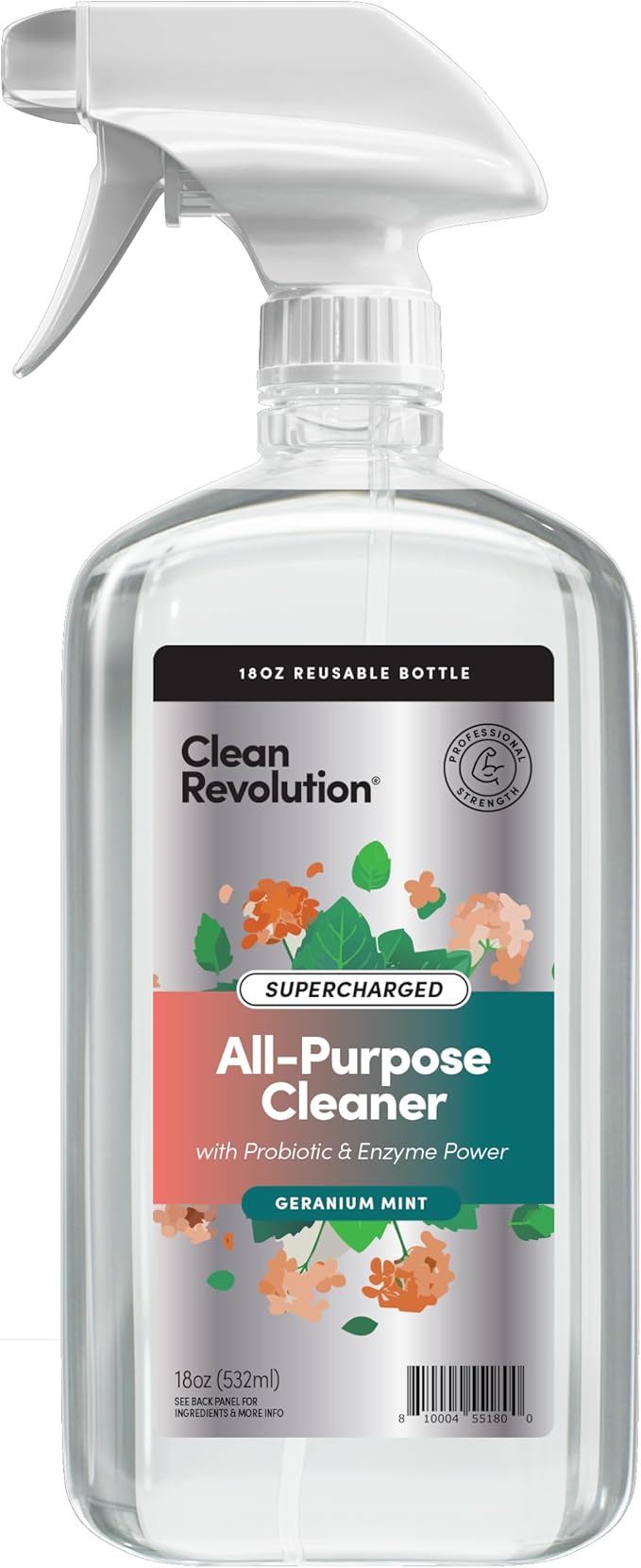 Clean Revolution SuperCharged Multi-Surface Cleaner, Non-Toxic, Eco-Friendly & Plant-Based, Ready to Use, Geranium Mint, 18 Fl Oz