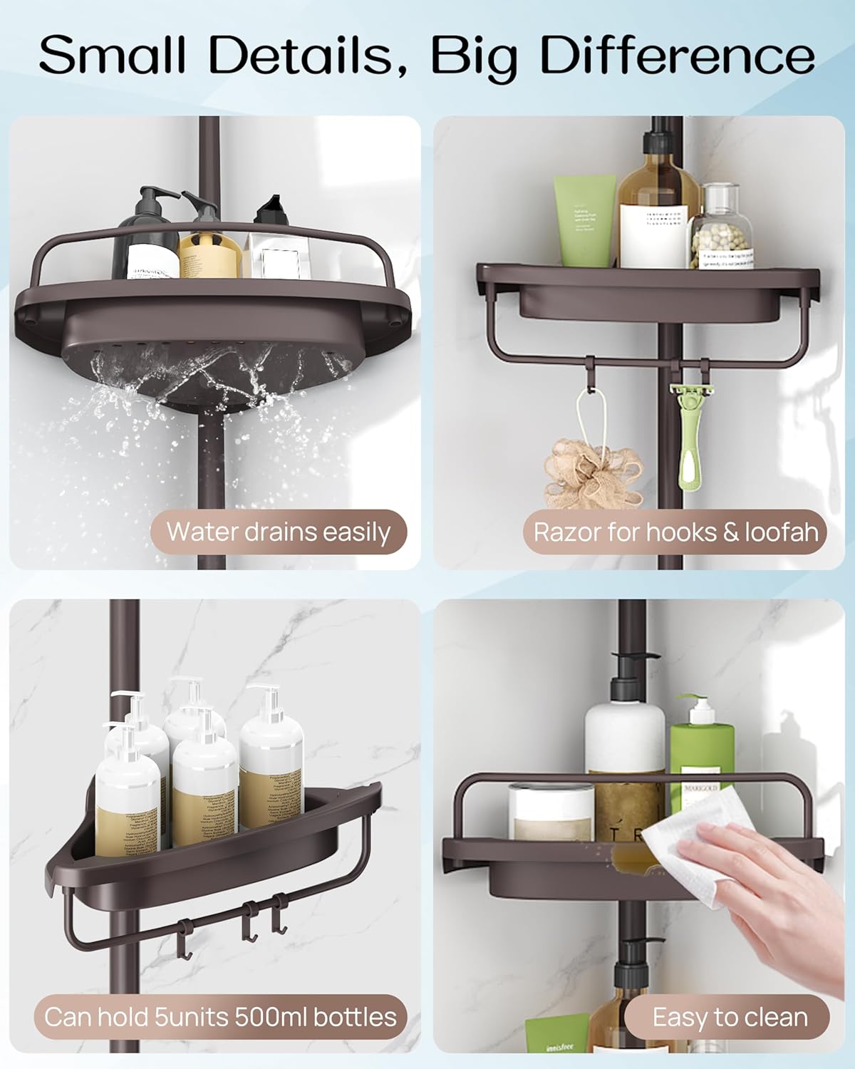 ALLZONE Rustproof Shower Caddy Corner for Bathroom, Bathtub Storage Organizer for Shampoo Accessories, 4-Tier Adjustable Shelves with Tension Pole, Fit Height 34 to 116 Inch, Brown