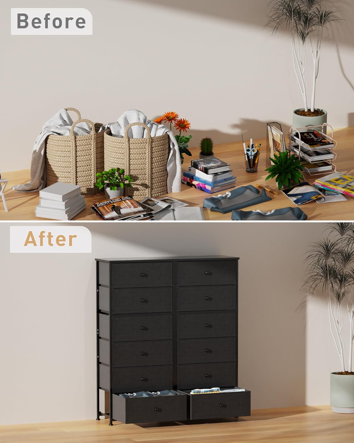 Tall Fabric Dresser for Bedroom, Wide Vertical Storage Organizer Tower with 6 Drawers, Chest of Drawers with Bins, Steel Frame, Wood Top for Bedroom, Closet, Entryway Black