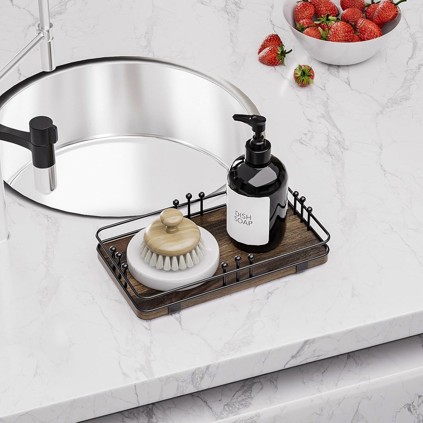 Bathroom Vanity Tray for Toiletries Makeup Perfume Candle Toilet Tank, Kitchen Tray for Soap Dispenser Spice Salt, Small Tray for Countertop Decor Coffee Nightstand 7.9”x4.4” Brown-Black