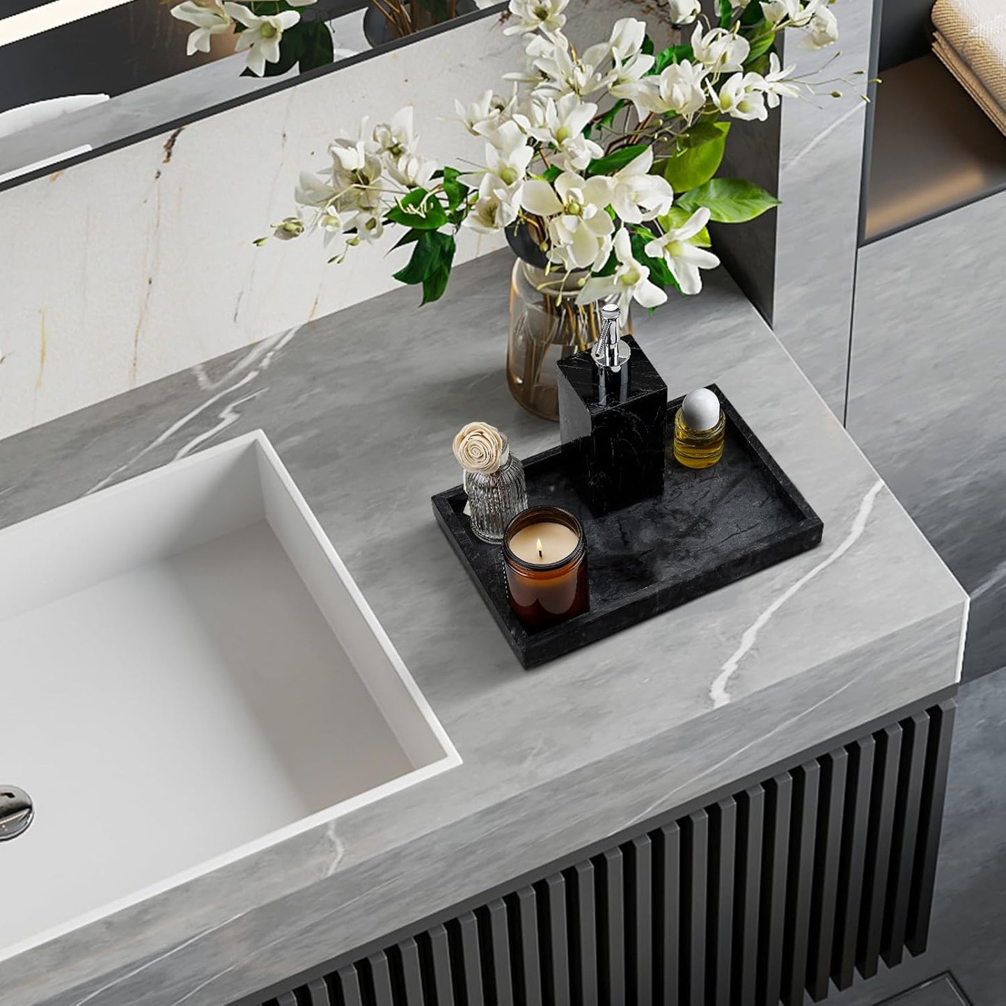 Real Natural Marble Tray for Bathroom, Vanity, Kitchen and Desktop, Rectangle Genuine Marble Stone Tray for Jewelry, Cosmetics, Candles, Lotion, Perfume and Home Decor Black