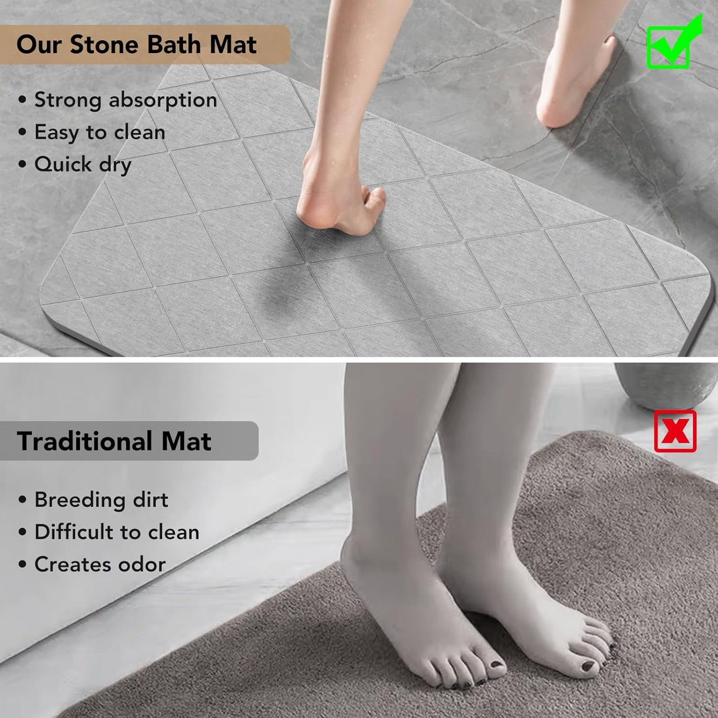 Stone Bath Mat, Diatomaceous Earth Shower Mat, Non-Slip Super Absorbent Quick Drying Bathroom Floor Mat, 2 Pack, Grey, Pattern 2