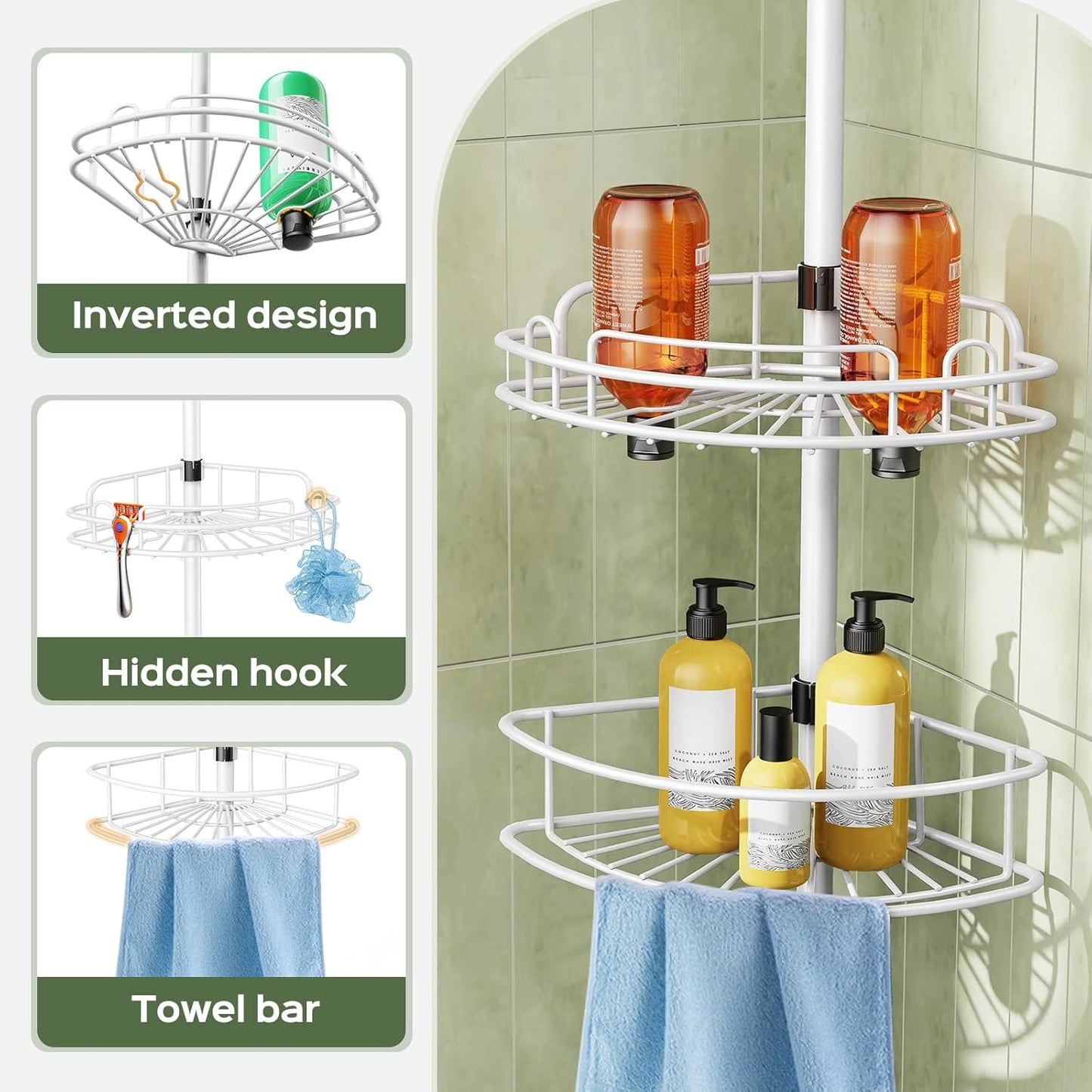 HAMITOR Corner Shower Caddy Tension Pole: Rustproof Bathroom Organizer Shelves for Bathtub Shampoo Accessories Storage Holder - 47-121 Inch Adjust - White
