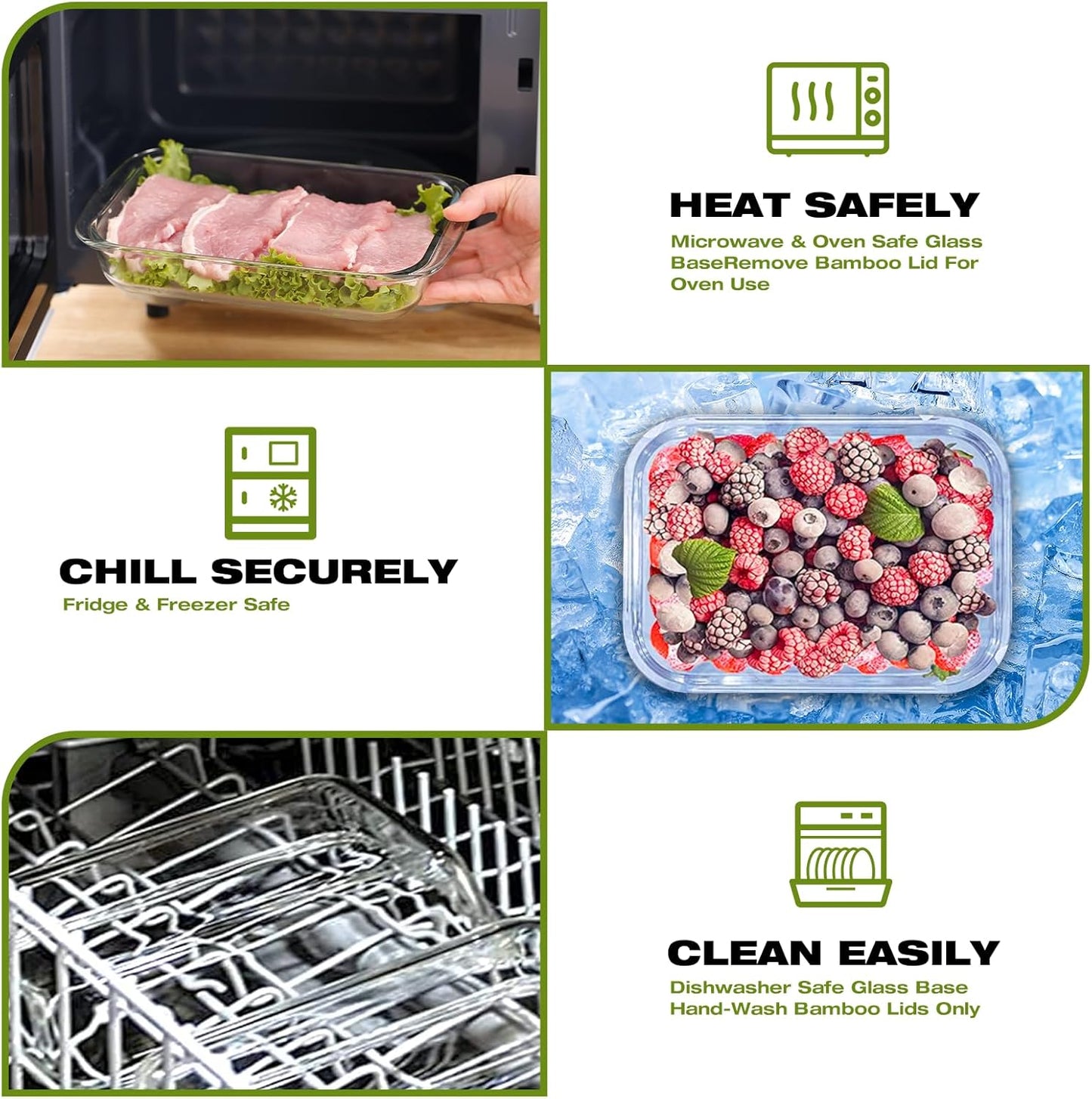 Airtight Glass Food Storage Containers with Bamboo Lids, Set of 2 Secure-Seal Containers for Meal Prep, 100% Leakproof, Plastic Free, Oven & Microwave Safe (2 Pack)