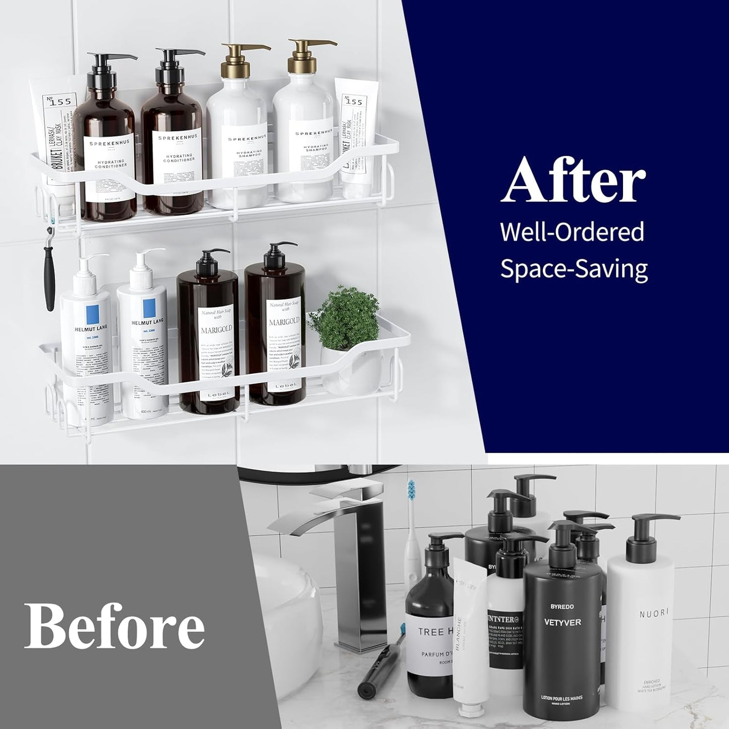 Kitsure Shower Caddy Large - Adhesive Shower Organizer, Stainless Steel Shelf for Inside Shower, No Drill Bathroom Organizers and Storage, Home Decor Accessories, 2 Pack, White