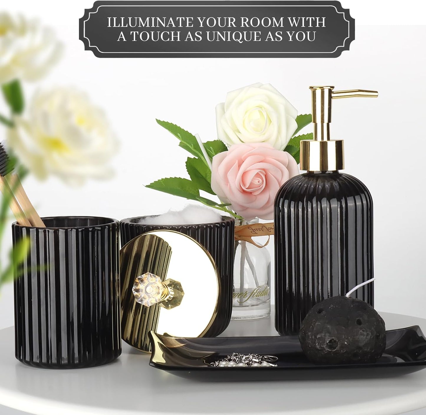 Designer Black Glass Bathroom Accessories Sets - 4 Pcs with Lotion Soap Dispenser, Bathroom Toothbrush Holder, Vanity Tray, and Apothecary Jar, Vintage Bathroom Decor, Gift Countertop Organizer