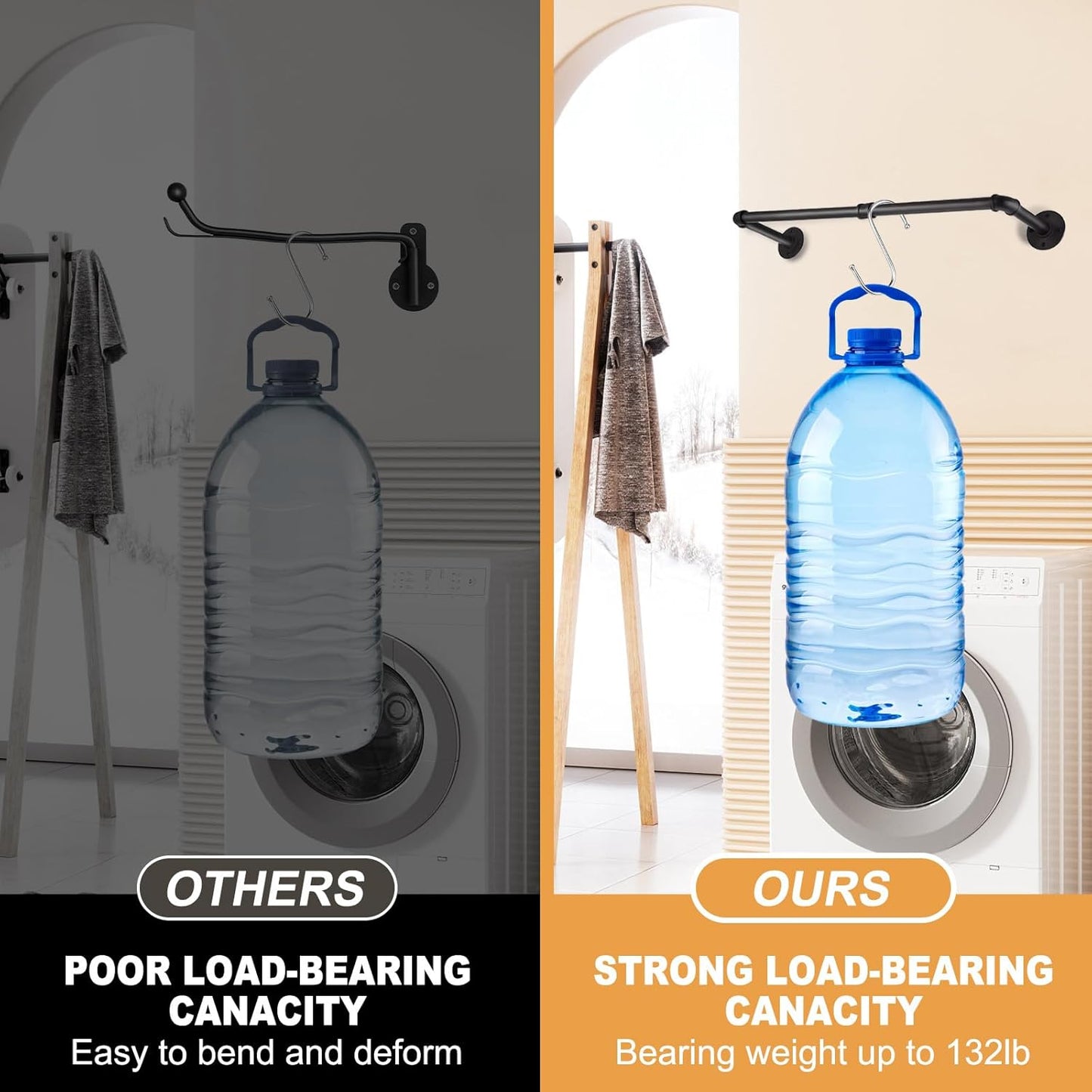 Wall Mount Iron Clothing Rack, Black Steel Laundry Room Drying Rack, Space Saving Coat Closet, 50 lbs Capacity (47 x 11 in)