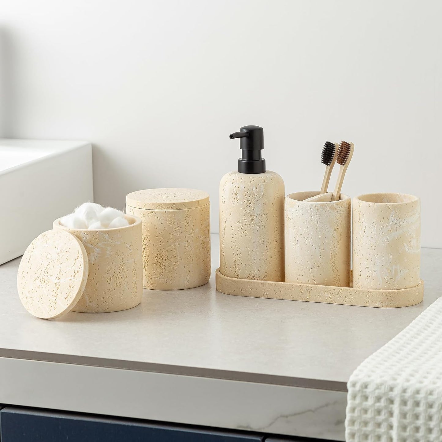 Bathroom Accessories Set, Travertine Stone-Look, 6 PCS Bathroom Accessory Set with Soap Dispenser, Toothbrush Holder, Tumbler, Vanity Tray, Cotton Swab Jars for Countertop (Yellow)