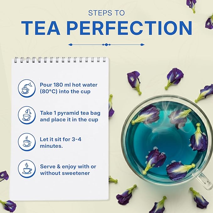 Tealeaf & Co. Butterfly Pea Herbal Tea Bags Blended with Fresh Herbs - Herbal Tea with Butterfly Pea Flower - Contains Low Caffeine - Gluten Free - 50Teabags (3.52oz/100gm)