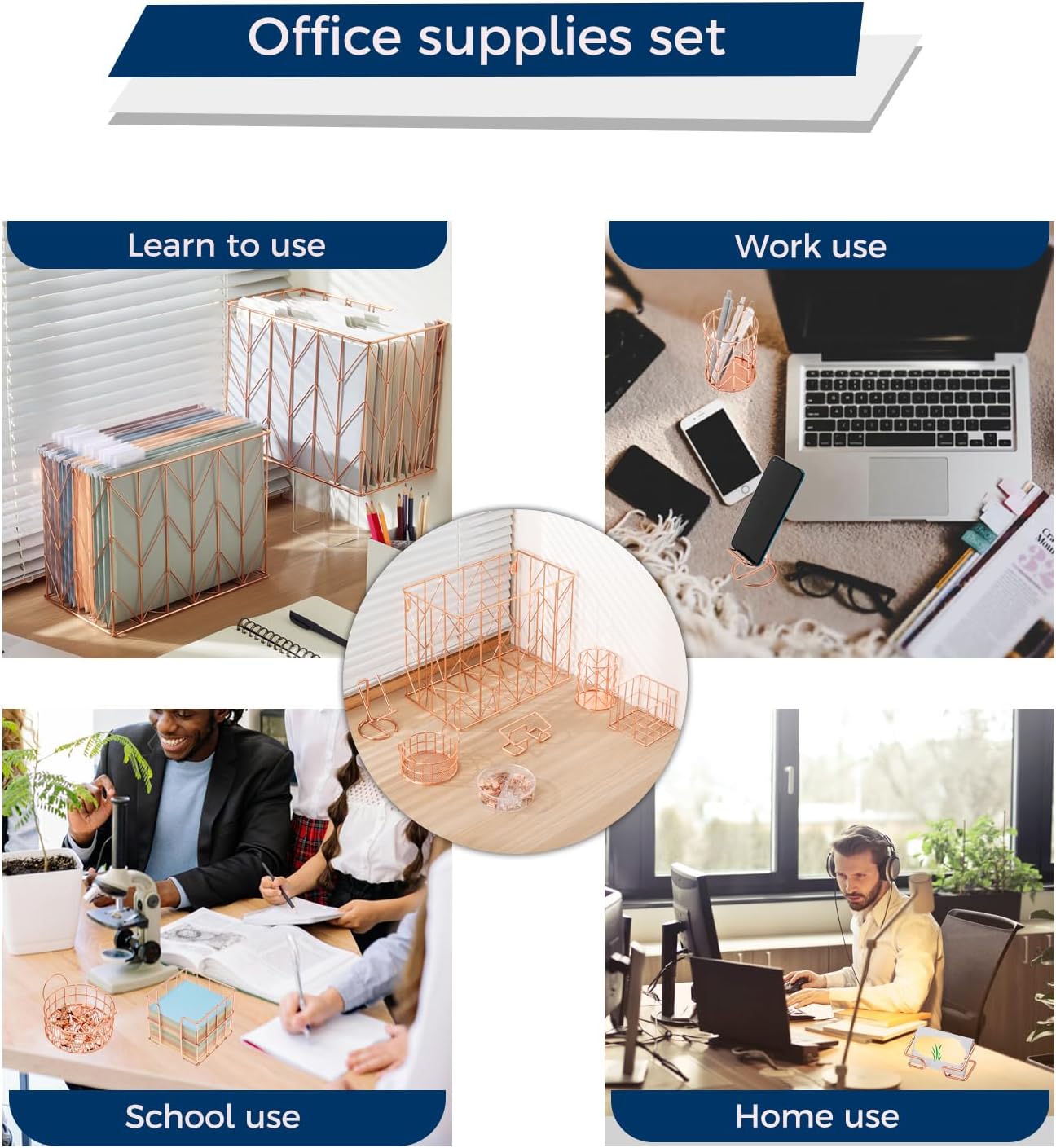 Hanging Rose Gold File Organizer, equipped with a 6-piece set of rose gold desktop accessories