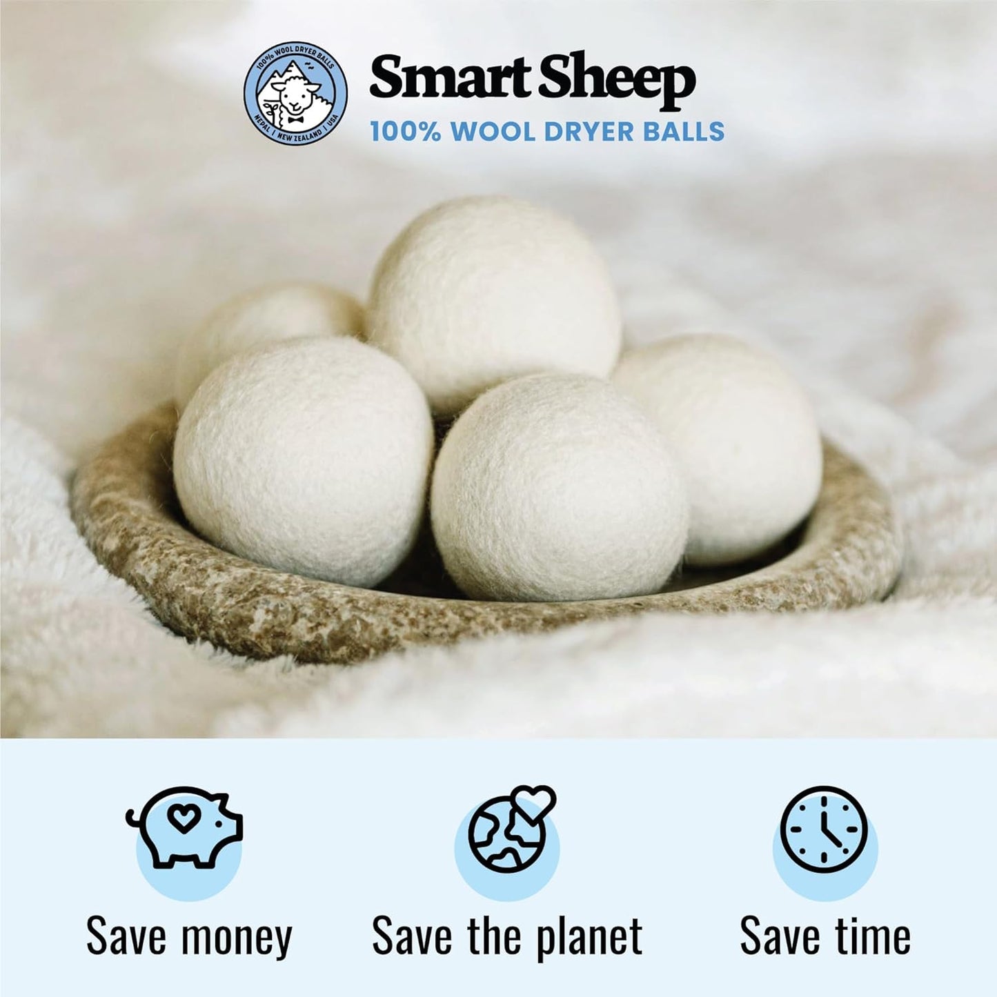 Wool Dryer Balls - Smart Sheep 3-Pack - XL Premium Natural Fabric Softener Award-Winning - Wool Balls Replaces Dryer Sheets - Laundry Balls