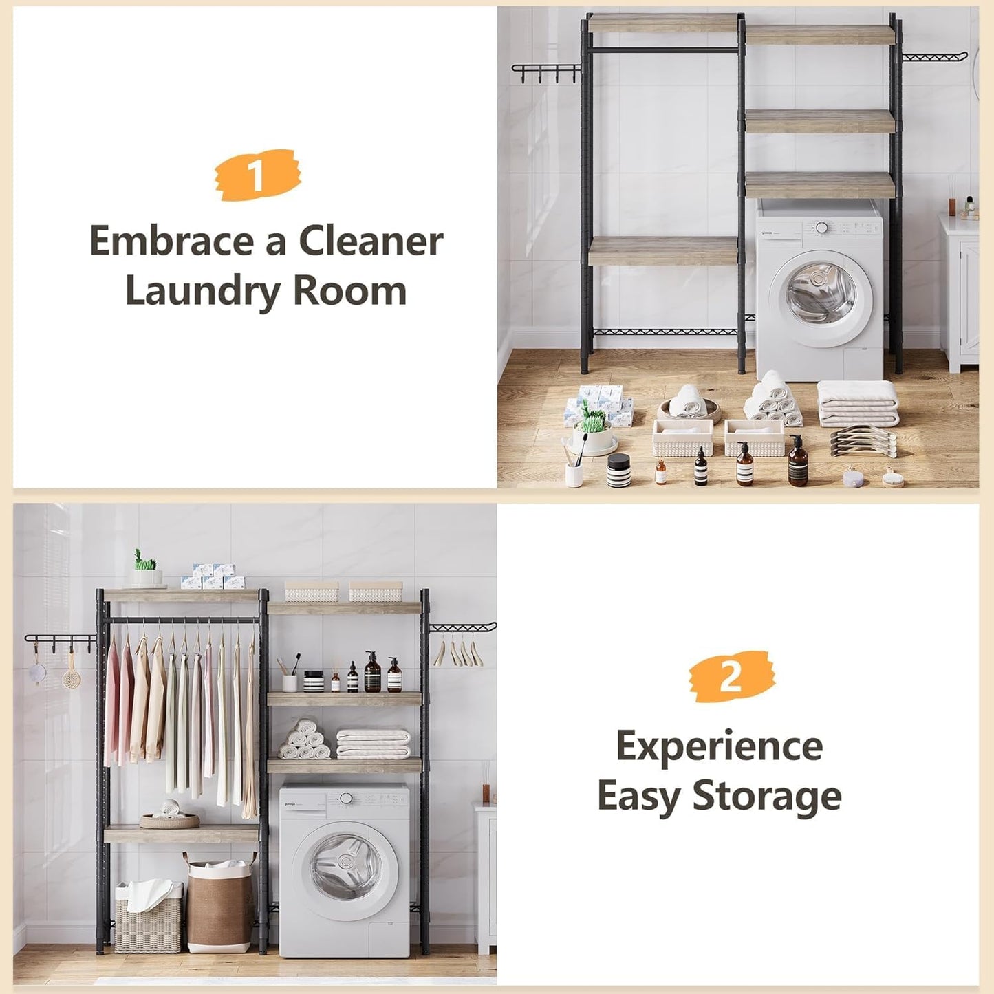 Garvee 28 in Over-The-Toilet/Washer Shelf – 5-Tier Laundry Organizer with Double-Layer Wood Shelves (100 LB Capacity), Adjustable Height Storage for Small Spaces (Grey & Black)