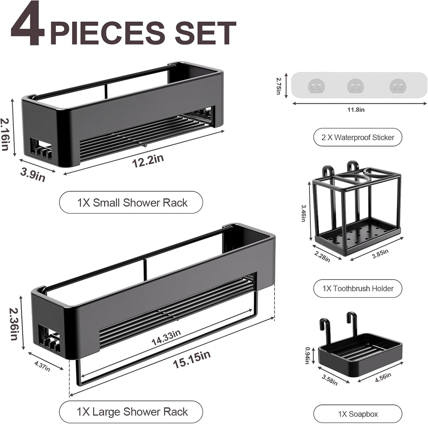 Large Shower Caddy, 4 Pack Adhesive Shower Organizer, 15.15in Large Capacity Bathroom Shelves, No Drilling for Bathroom Organizers and Storage & Home Decor & Kitchen (black)