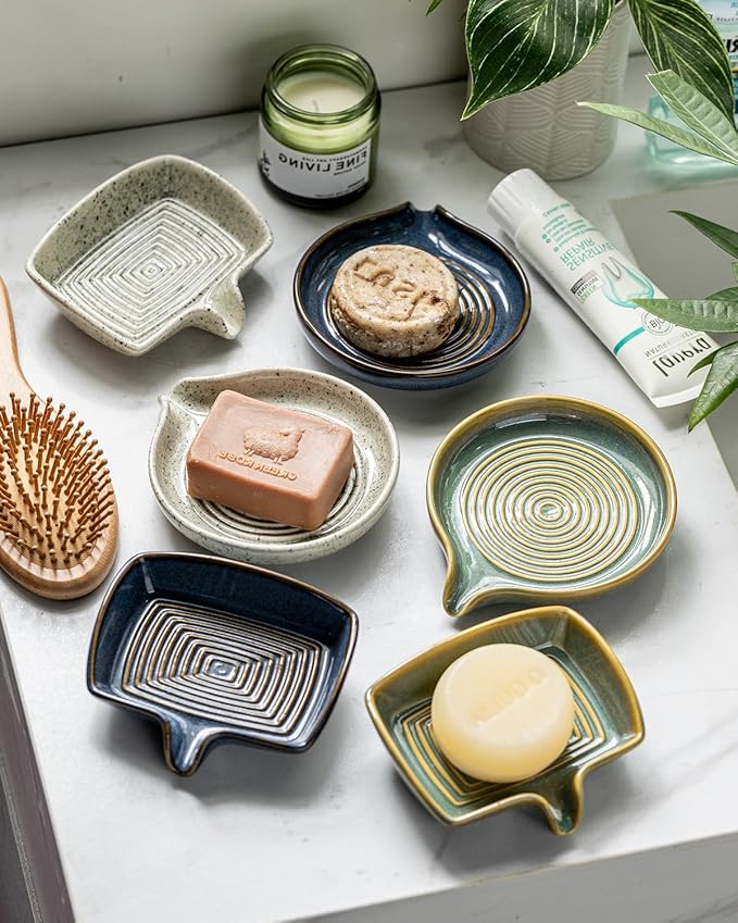 Ceramic Soap Dish, Self Draining Soap Holder Bar Soap Dish for Bathroom Kitchen Counter Soap Saver Tray Keep Soap Bar Dry Easy to Clean, Blue and Green