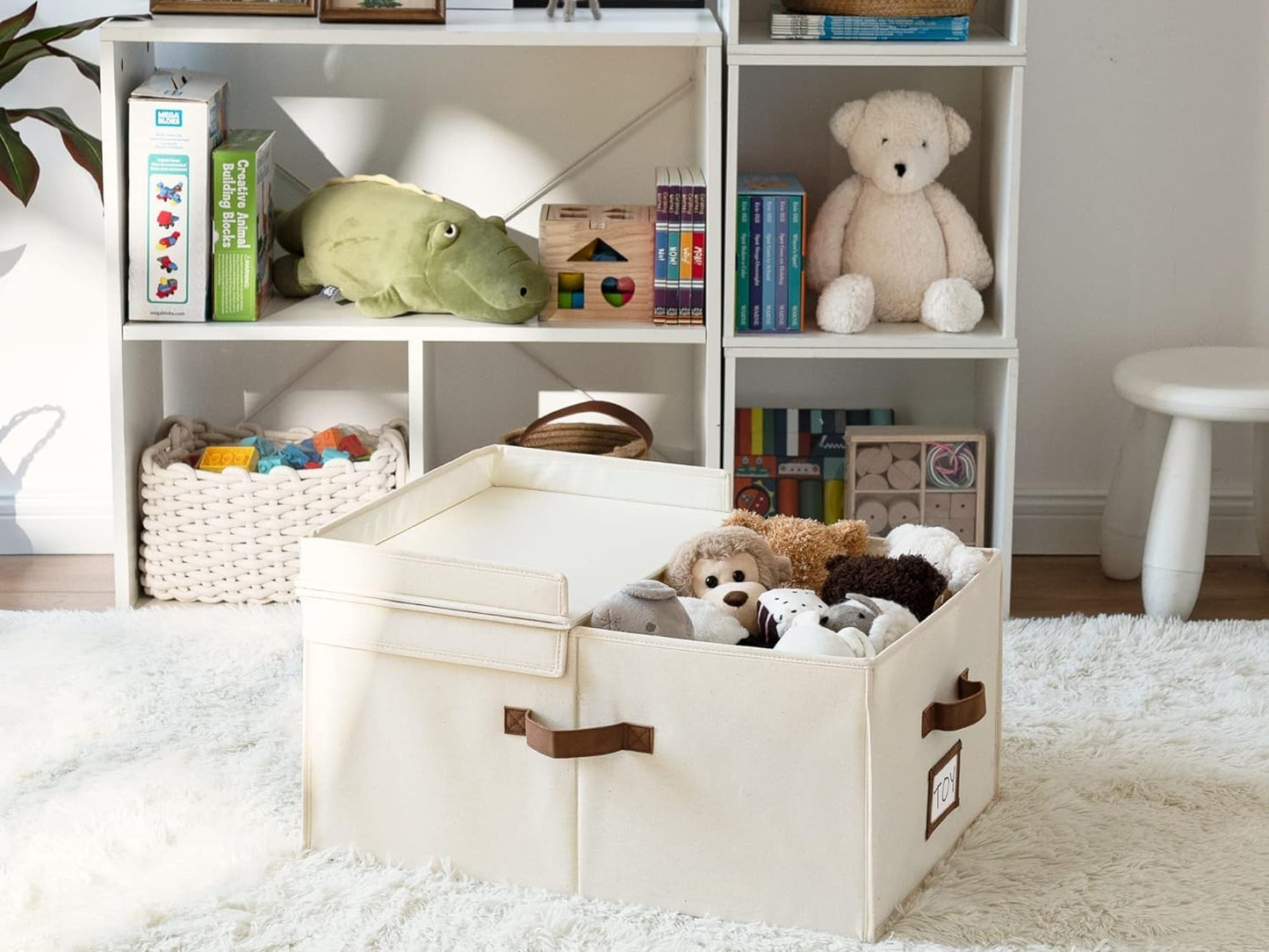 StorageWorks Extra Large Storage Bins with Double-Open Lid, 55L Fabric Baskets with Divider Board, Boxes for Clothes, Linen Closet Organizers with Handles, Ivory White, 2-Pack