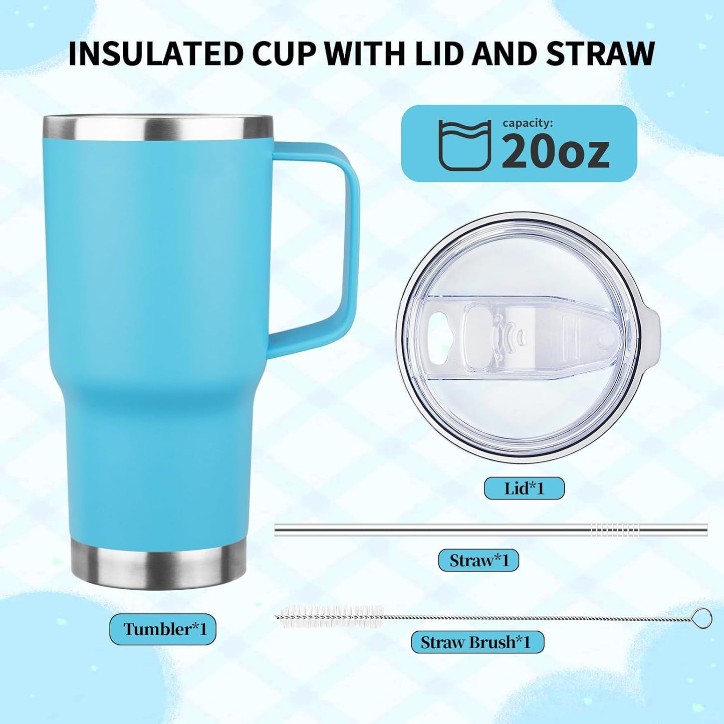 20oz Insulated Tumbler with Handle Stainless Steel Travel Coffee Mug with Lid and Straw Double Wall Vacuum Leak-proof Reusable Thermal Water Cup for Hot and Cold Drinks (Sky blue,1 Pack)