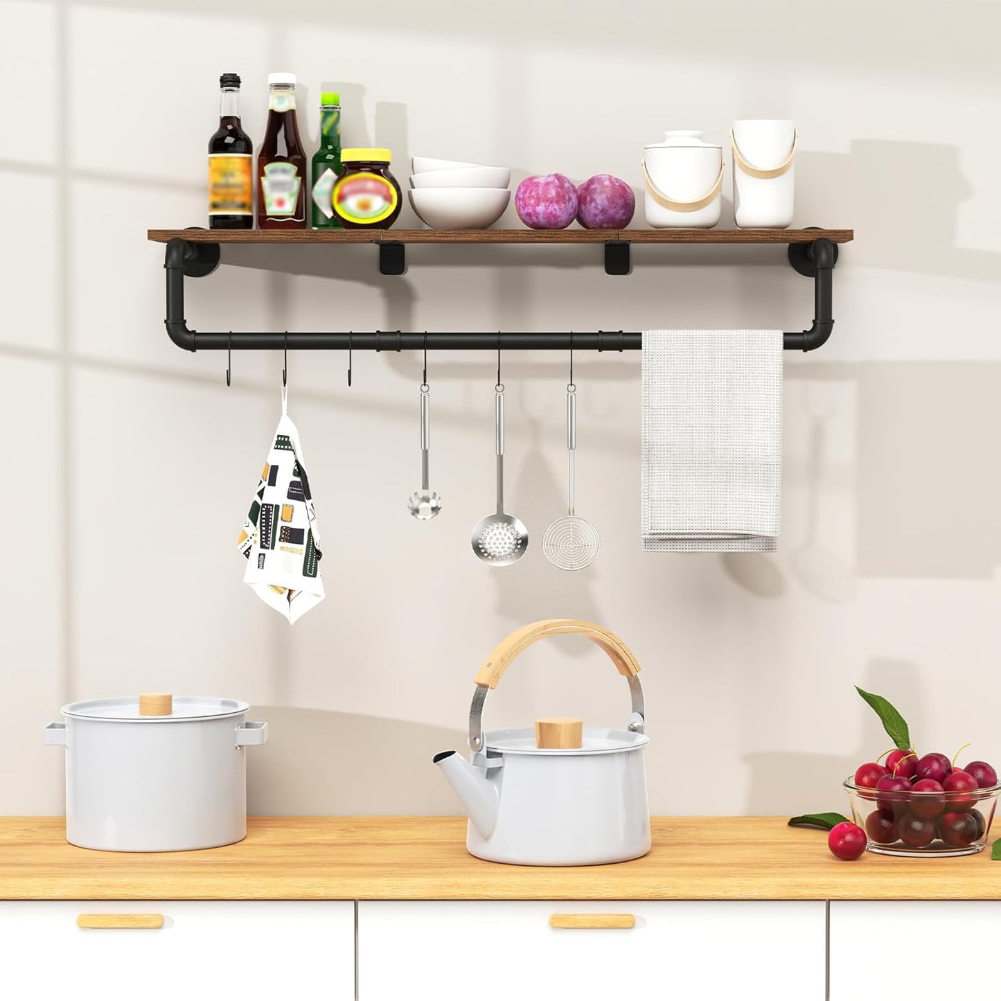 Industrial Pipe Clothing Rack with Top Shelf, Closet Poles for Hanging Clothes, Heavy Duty Iron Garment Racks Wall Mounted, 41.3x10.2x5.9 Inch, Black