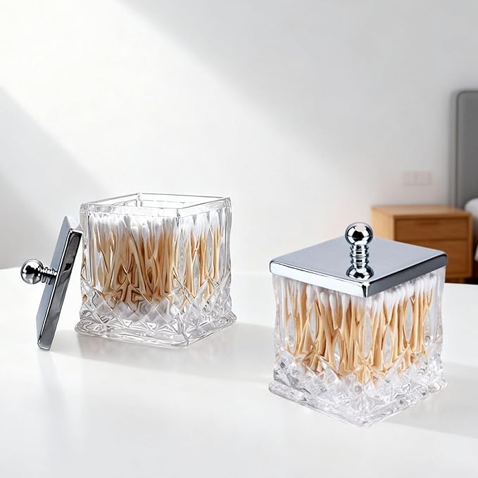 Qtip Holder,15Oz Clear Glass Apothecary Jars with Silver Lids for Bathroom Organization & Desk Storage,Thick Glass Apothecary Jars for Q-Tips,Cotton Rounds,Jewelry,Candy,Square