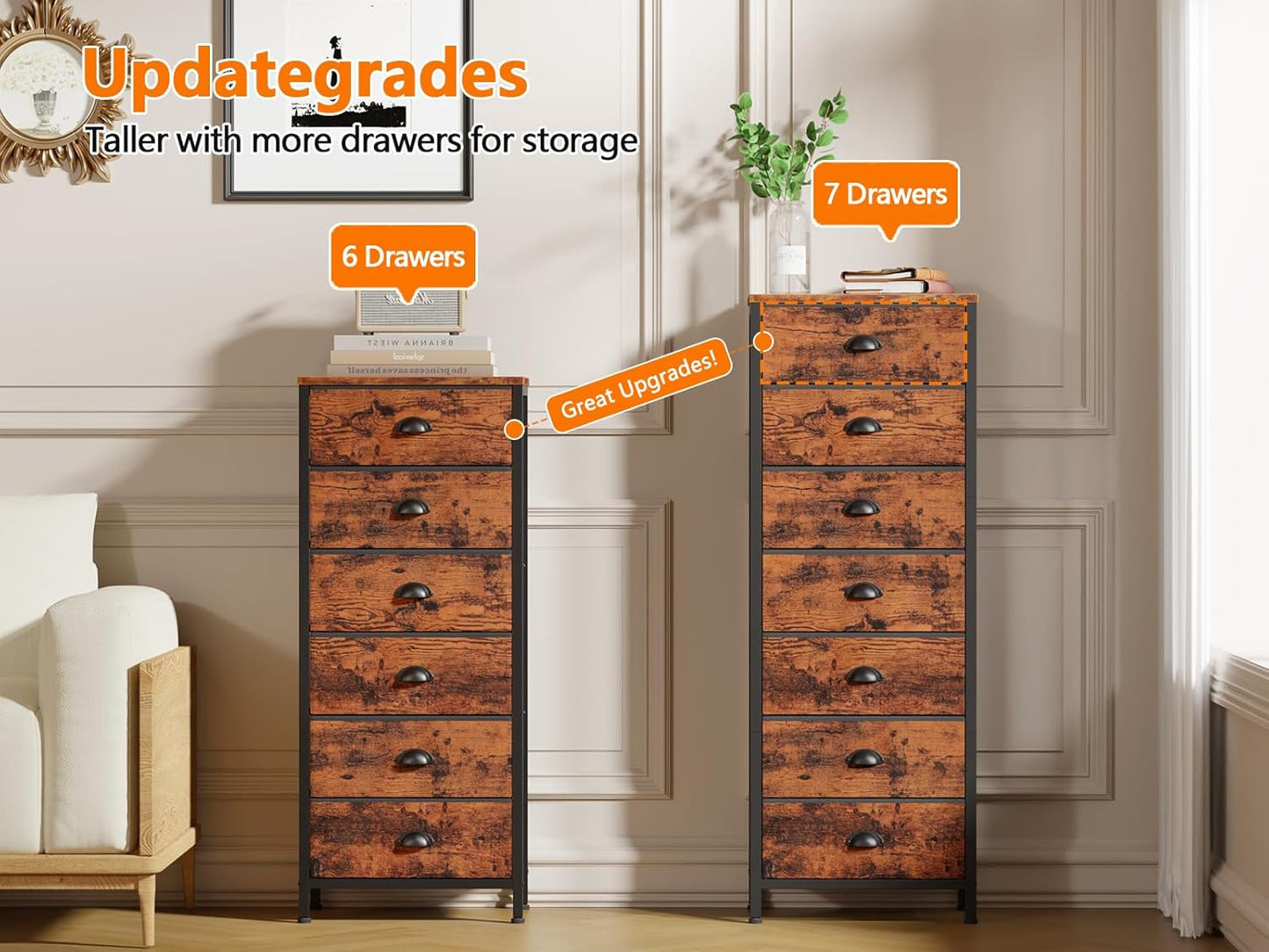 Furnulem Bedroom Dresser with 7 Drawers,Tall Industrial Fabric Chest of Drawers, Vertical Storage Tower Bedside Furniture in Living Room,Closet,Entryway-Sturdy Steel Frame(Rustic Brown)