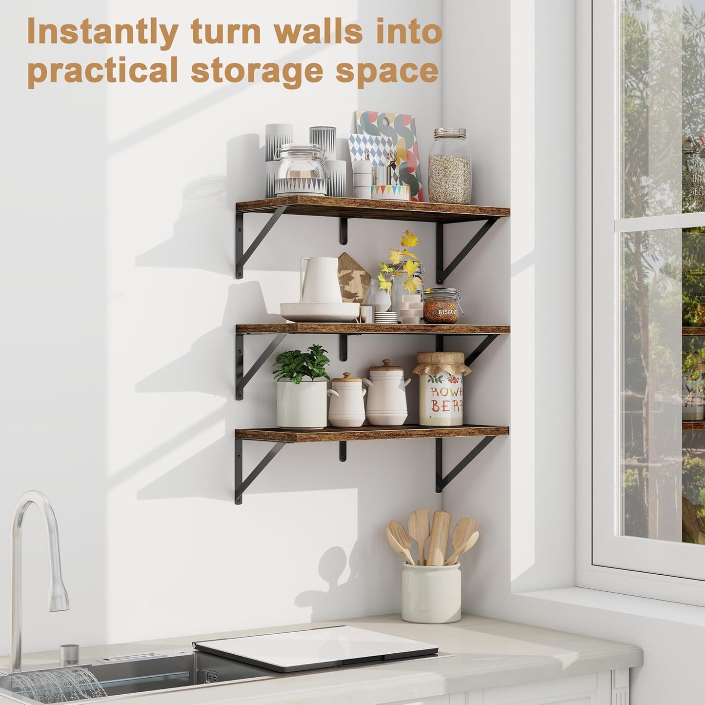 Fun Memories Floating Bookshelves, Set of 3 Wall-Mounted Wood Shelves 24" W x 8" D, Decorative Wall Shelf for Living Room, Bedroom, Bathroom, and Laundry Room (Rustic Brown)
