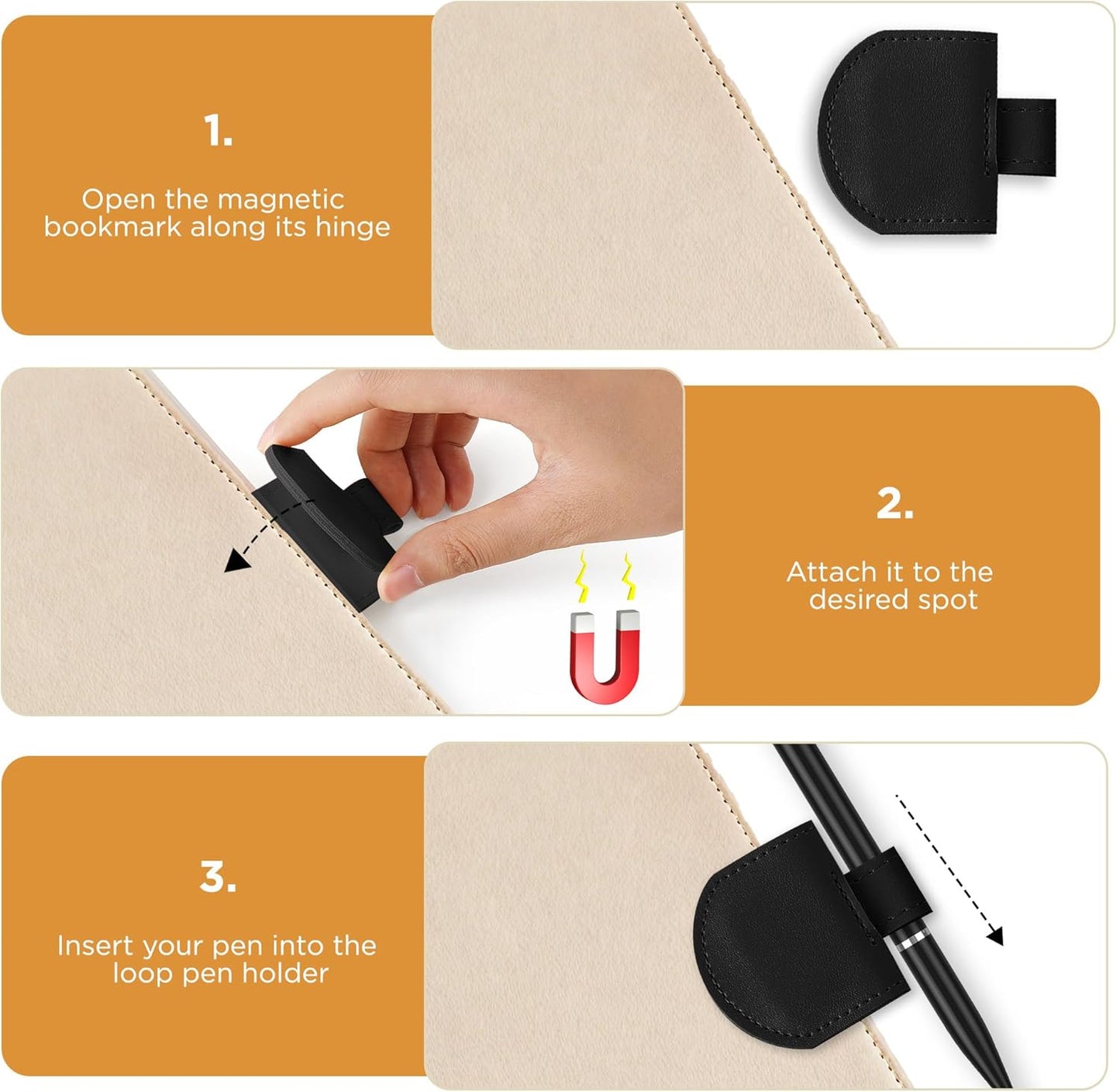 Magnetic Pen Loop Holder, Pencil Holder for Notebooks, Journals, Calendars, PU Leather 3 Pack