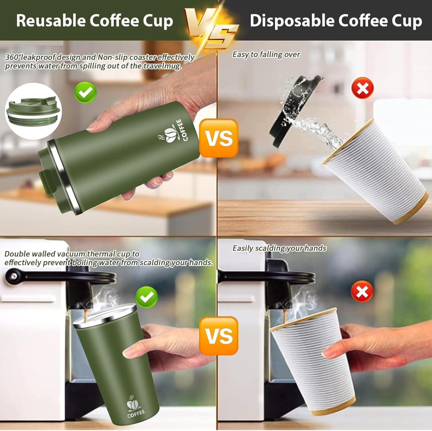Insulated Travel Coffee Mug Reusable Coffee Tumbler Cup with Flip Lid Leak Proof Spill Proof for Office School Party Camping Hot and Cold Drink,Stainless Steel 17oz (Army Green)