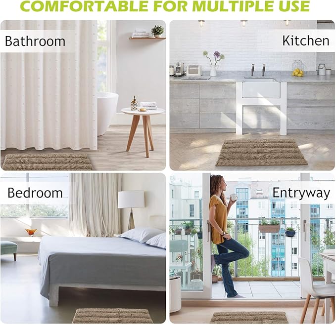 KGORGE Non-Slip Bathroom Rugs - Quick Drying Chenile Bath Mat Absorbent Super Soft Microfiber Floor Carpet for Tub Kitchen, Browm, 47" x 17", 1 Piece