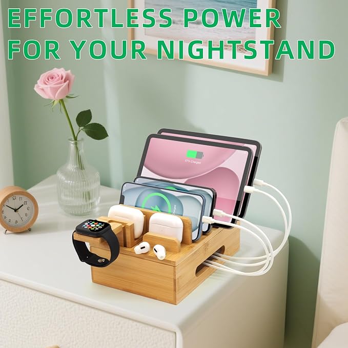 Bamboo Charging Station for Multiple Devices, Desk Wood Docking Station for Phones, Tablets, Watch, Earbuds, Charger Organizer Included 6 Cables & 5-Port USB Charger