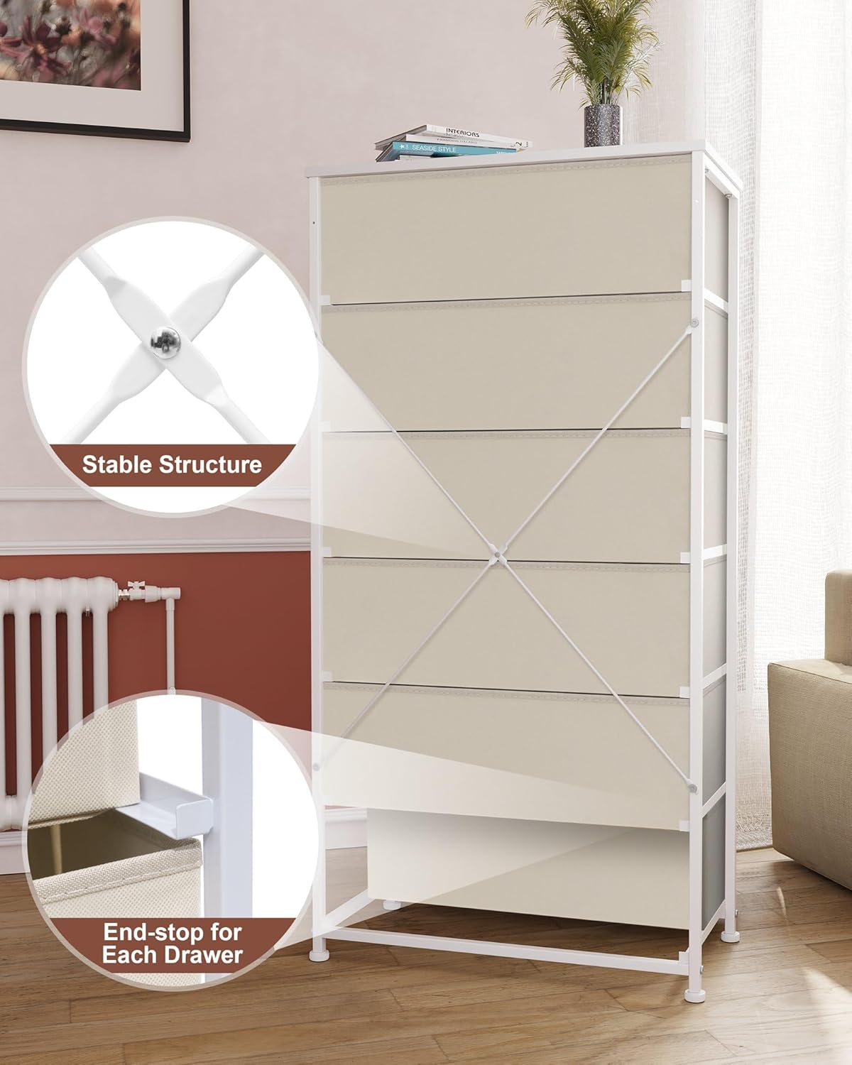 Crestlive Products Dresser for Bedroom with 6 Drawers, Tall Chest of Drawers, Fabric Dressers Bedroom Furniture, Storage Organizer Unit with Bins for Closet, Hallway, Living Room, Entryway(Beige)
