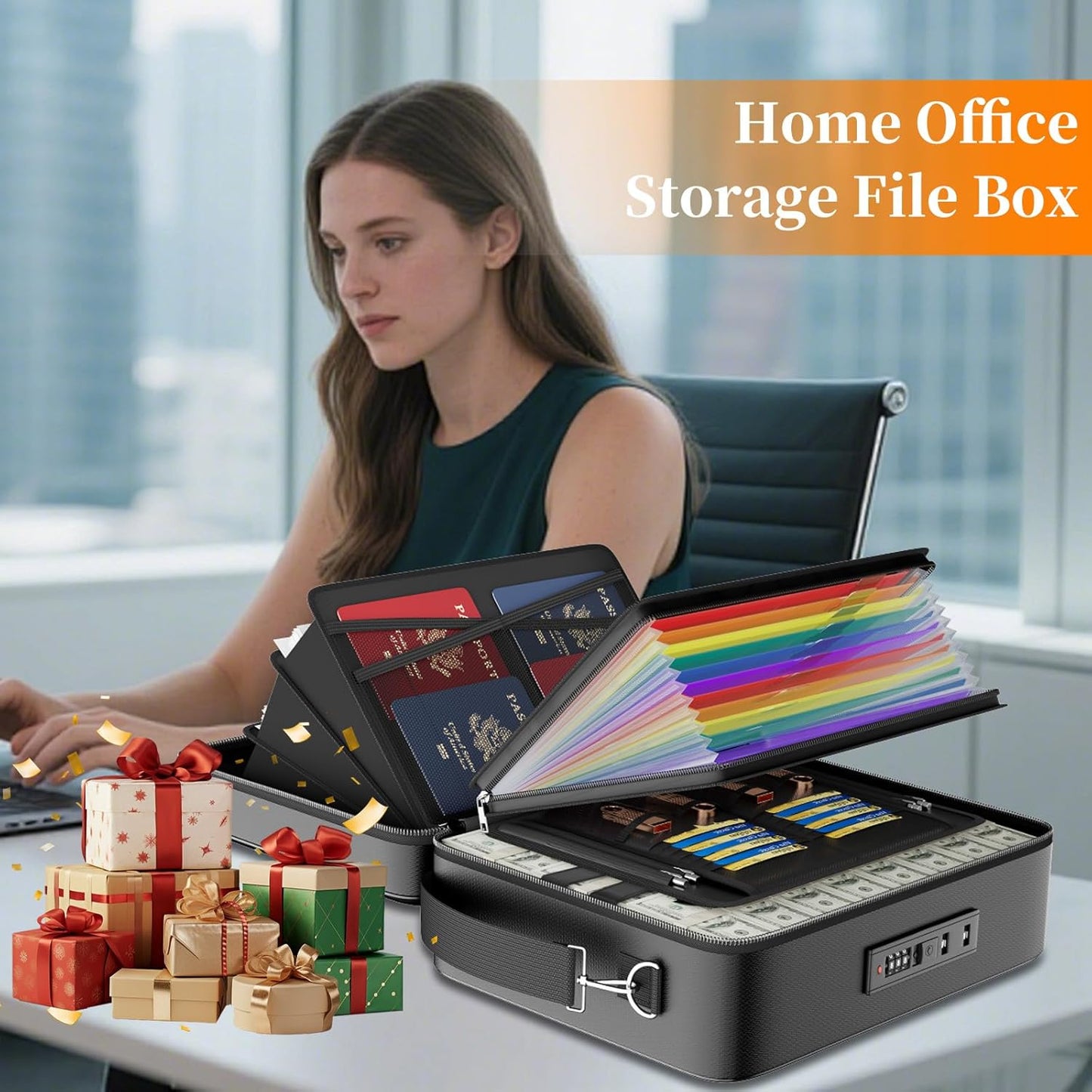 ENGPOW Fireproof Document Box with Lock, Fireproof Water Resistant Hard Case File Organizer Safe Box with Multi Pockets, Protects Important Documents Certificates Laptop Passports (Black)