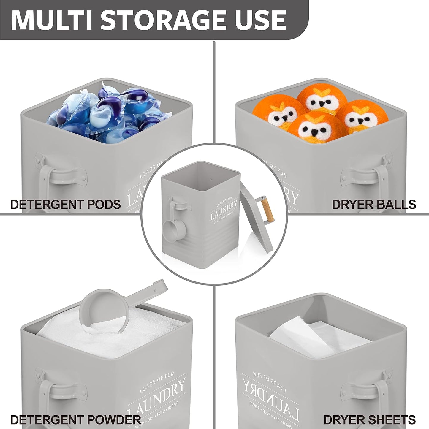 Calindiana Modern Farmhouse Metal Laundry Soap Dispenser Container Holder with Scoop for Laundry Room Decor and Space Saving Laundry Room Organization and Storage, Laundry Powder Container, Grey