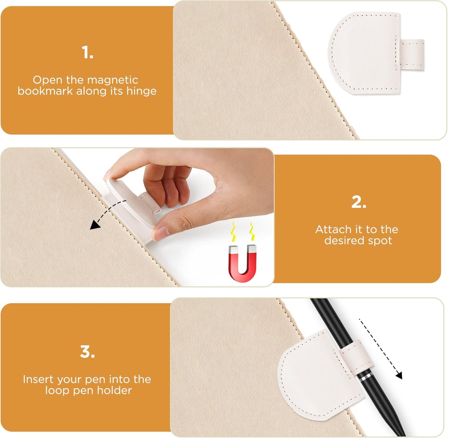 Magnetic Pen Loop Holder, Pencil Holder for Notebooks, Journals, Calendars, PU Leather 3 Pack