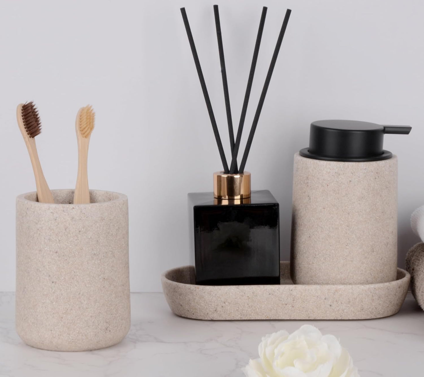 Beige Bathroom Accessories Set, 3 Pcs Resin Bathroom Accessories Complete Set, Sandstone Look Soap Dispenser with Large Pump, Toothbrush Cup, Soap Dish for Modern Home Decor and Kitchen