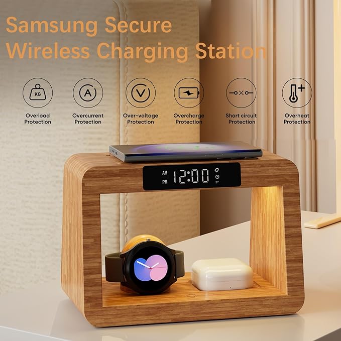 Wireless Charger Station for Samsung with Digital Alarm Clock, Fast Wireless Charging Station with LED Night Llight for Samsung&Android Phone, Wireless Phone Charger Station Only for Samsung Watch