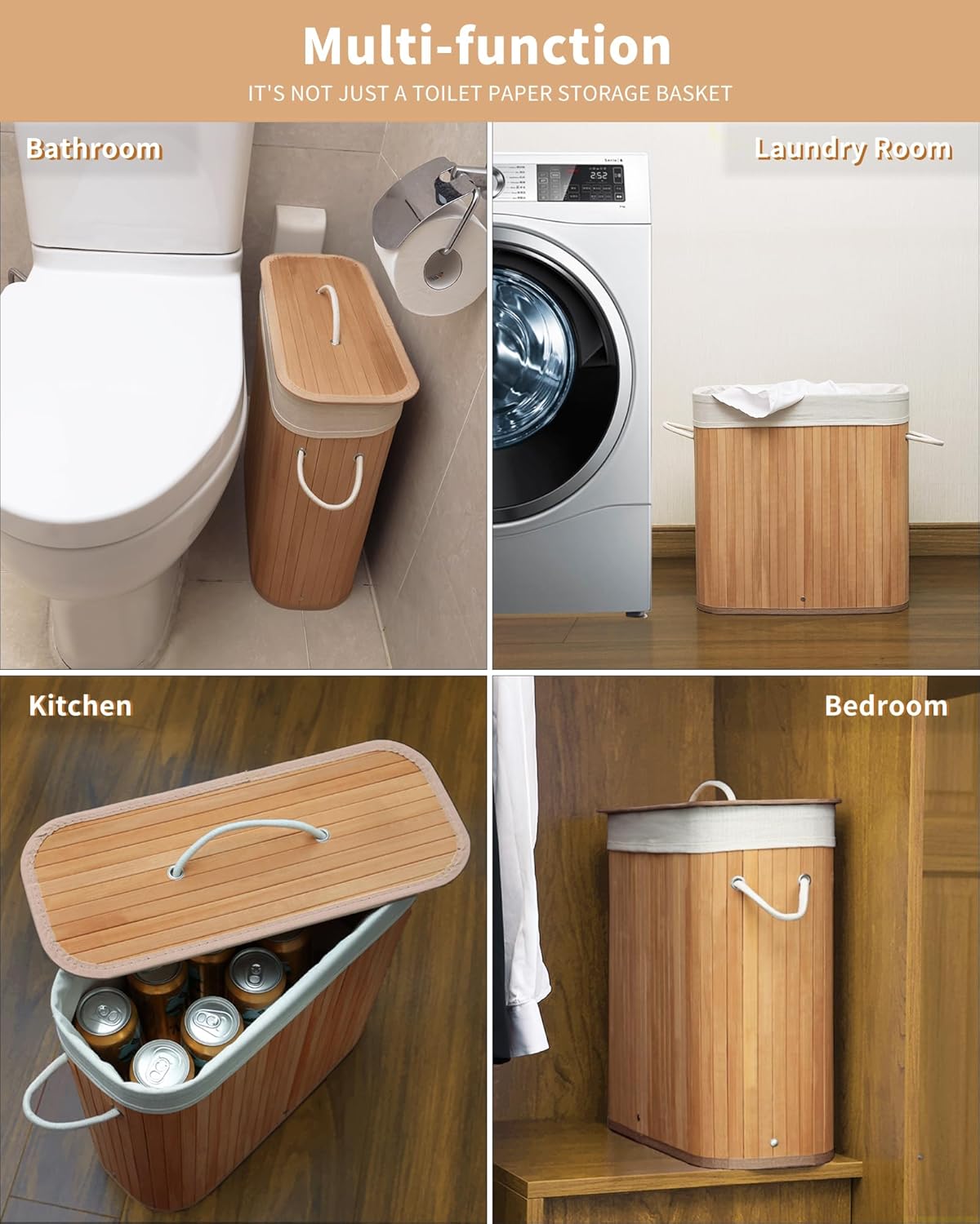 Bamboo Toilet Paper Storage with Lid & Handel, 8 Gallons (30L), Sturdy Toilet Paper Basket, Organizer for Bathroom, Kitchen, Holder with Storage, Natural