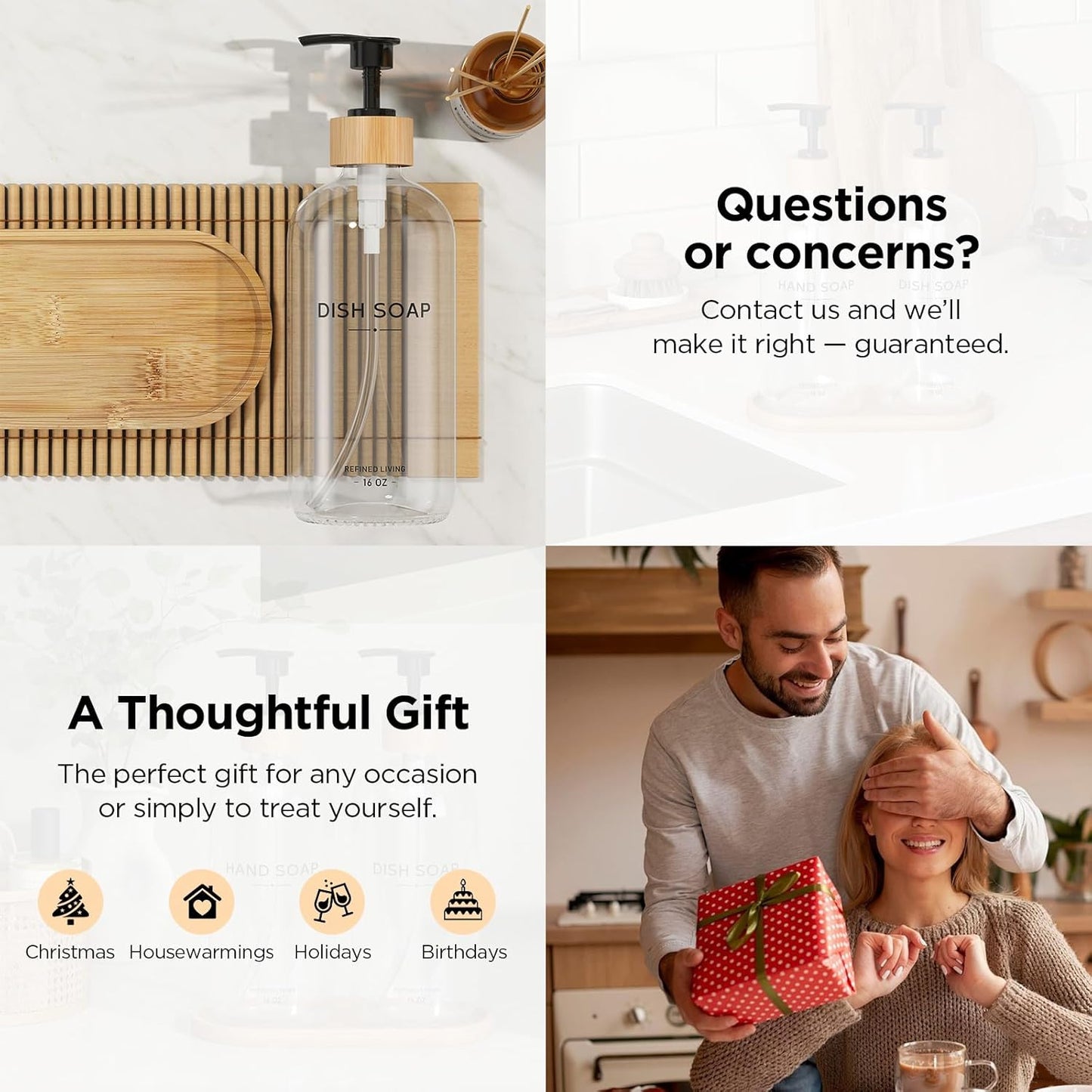 Hand and Dish Soap Dispenser Set,16oz Glass Bottles with Printed Labels, Bamboo Tray & Pump,Countertop Soap Dispensers for Kitchen,Luxury, Minimalist & Farmhouse Decor (Hand Dish (Transparent))