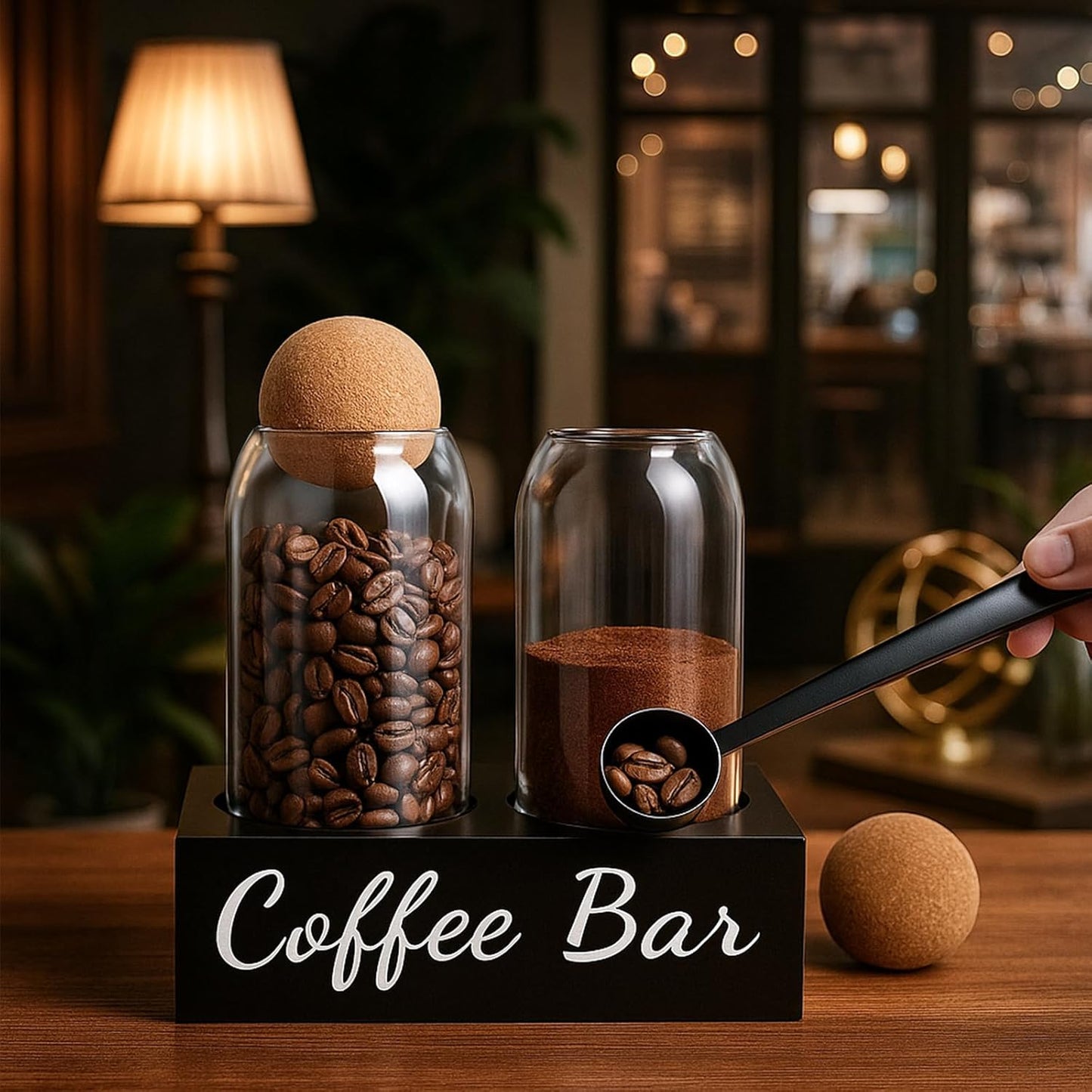 Coffee Container Set of 2 – 34oz Airtight Glass Coffee Bean Storage Jars with Wooden Lids, Metal Scoop & Wooden Base, Coffee Bar Organizer for Countertop, Tea & Sugar Canisters with Labels