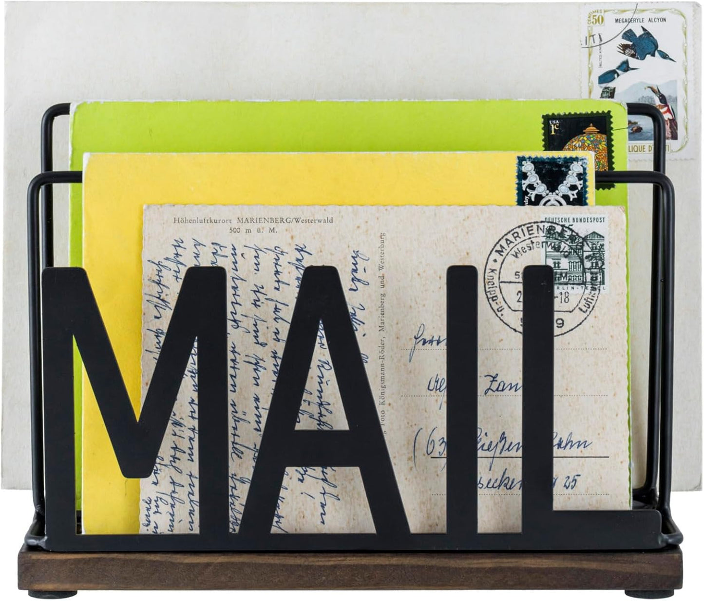 MyGift 3 Slot Industrial Matte Black Metal Wire Tabletop Mail Organizer with Burnt Wood Base – Modern Desktop Letter Sorter for Entryway, Office, or Home