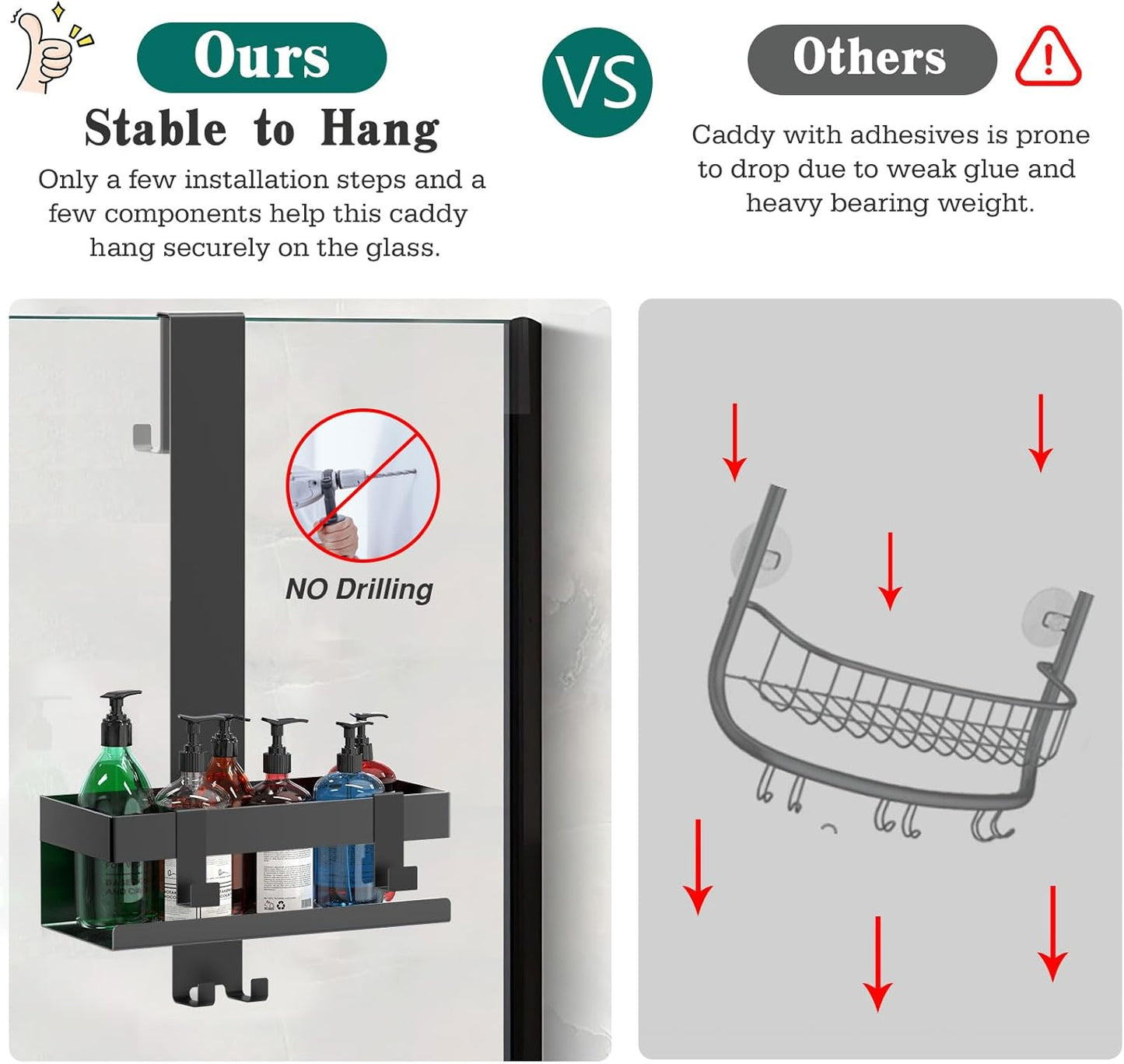 Emibele Over The Door Shower Caddy, 304 Stainless Steel Hanging Shower Caddy Rustproof Shower Shelves, No Drilling Hanging Shower Organizer for Bathroom Glass Door, Black