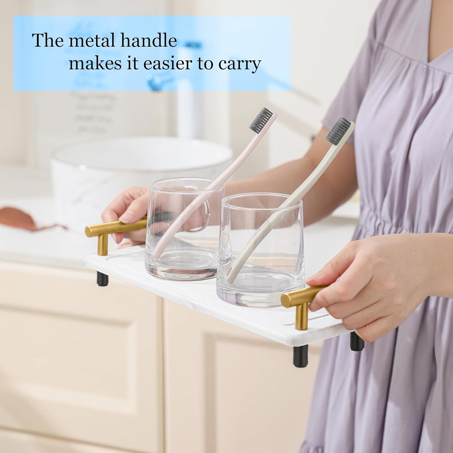 2Pcs Instant Dry Sink Tray, Water Absorbing Stone Caddy, Stone Drying Tray with Metal Handle, Kitchen Sink Organizer, Fast Drying Diatomite (White & Gold Handle, Large & Small)