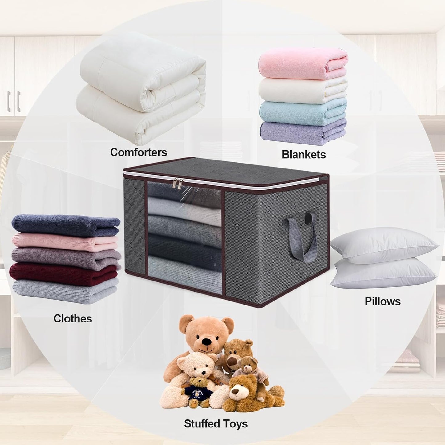 90L Large Storage Bags,6 Pack Foldable Clothes Storage Bins,Closet Organizers Storage Containers Durable Handle Thick Fabric For Bedding,Clothing, Blanket, Pillows and Toys,Grey