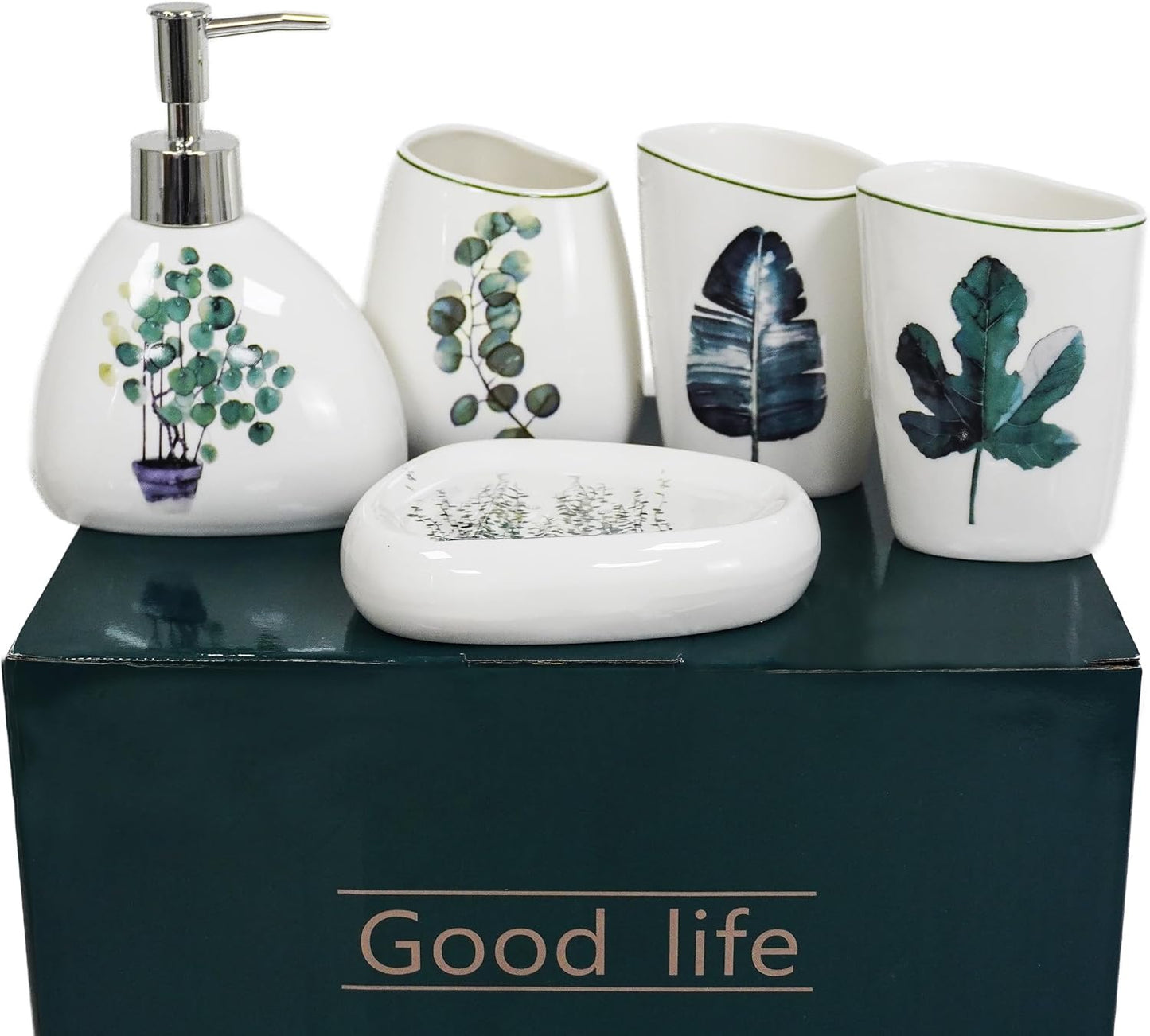 5 Piece Ceramic Bathroom Accessory Set with Botanical Pattern, Includes Soap Dispenser, Toothbrush Holder, Soap Dish & 2 Mouthwash Cups, Modern Elegant Countertop Decor for Bathroom Vanity