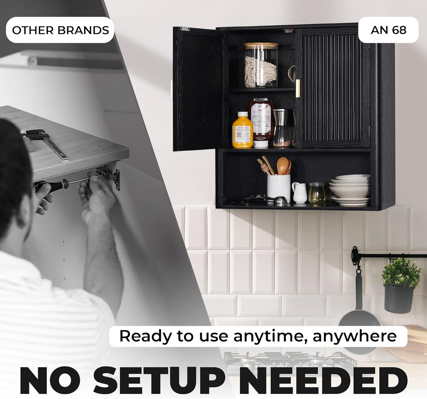 Bathroom Storage Cabinet – Pre-Assembled Wall-Mounted Medicine Cabinet with 2 Doors and Fixed Shelf, Over-The-Toilet Floating Organizer for Bathroom, Living Room, Kitchen, Laundry (Black)