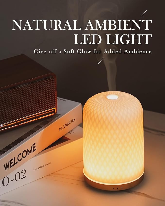 Essential Oil Diffuser,110ML Diffusers for Essential Oils Large Room, Ceramic Diffusers Decorative Ultrasonic Defuzzer, Ideal for Aesthetic Home,Dorm Décor, Yoga,White